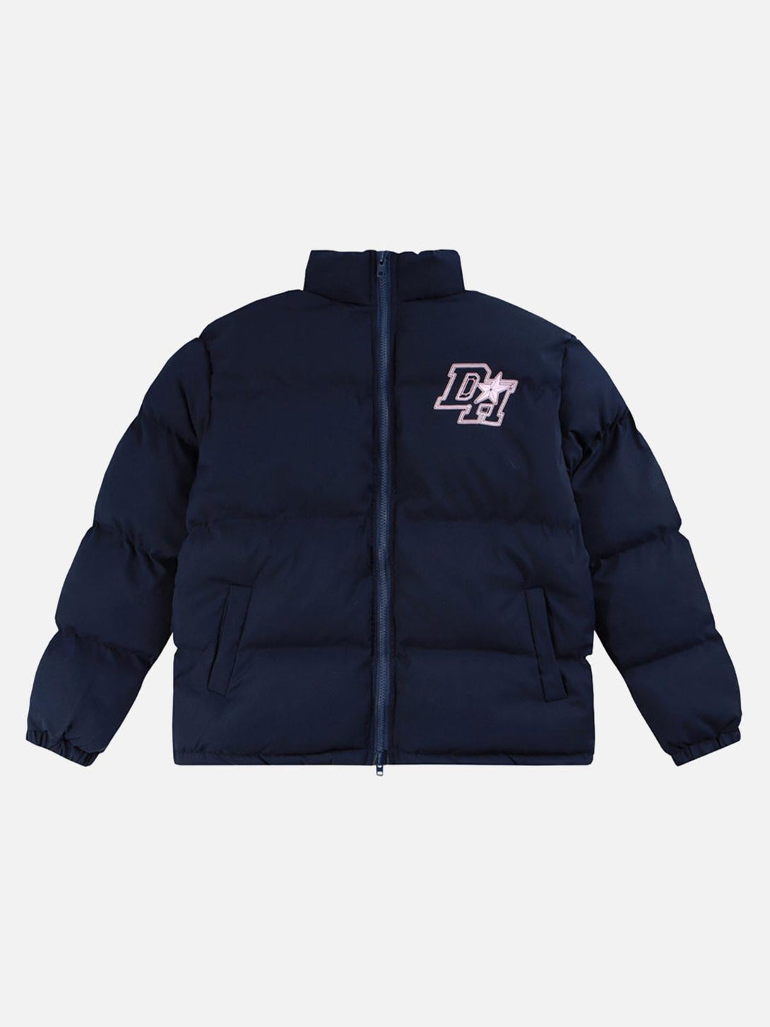 Front view of a navy down jacket with retro letter print and star detail by TALISHKO.