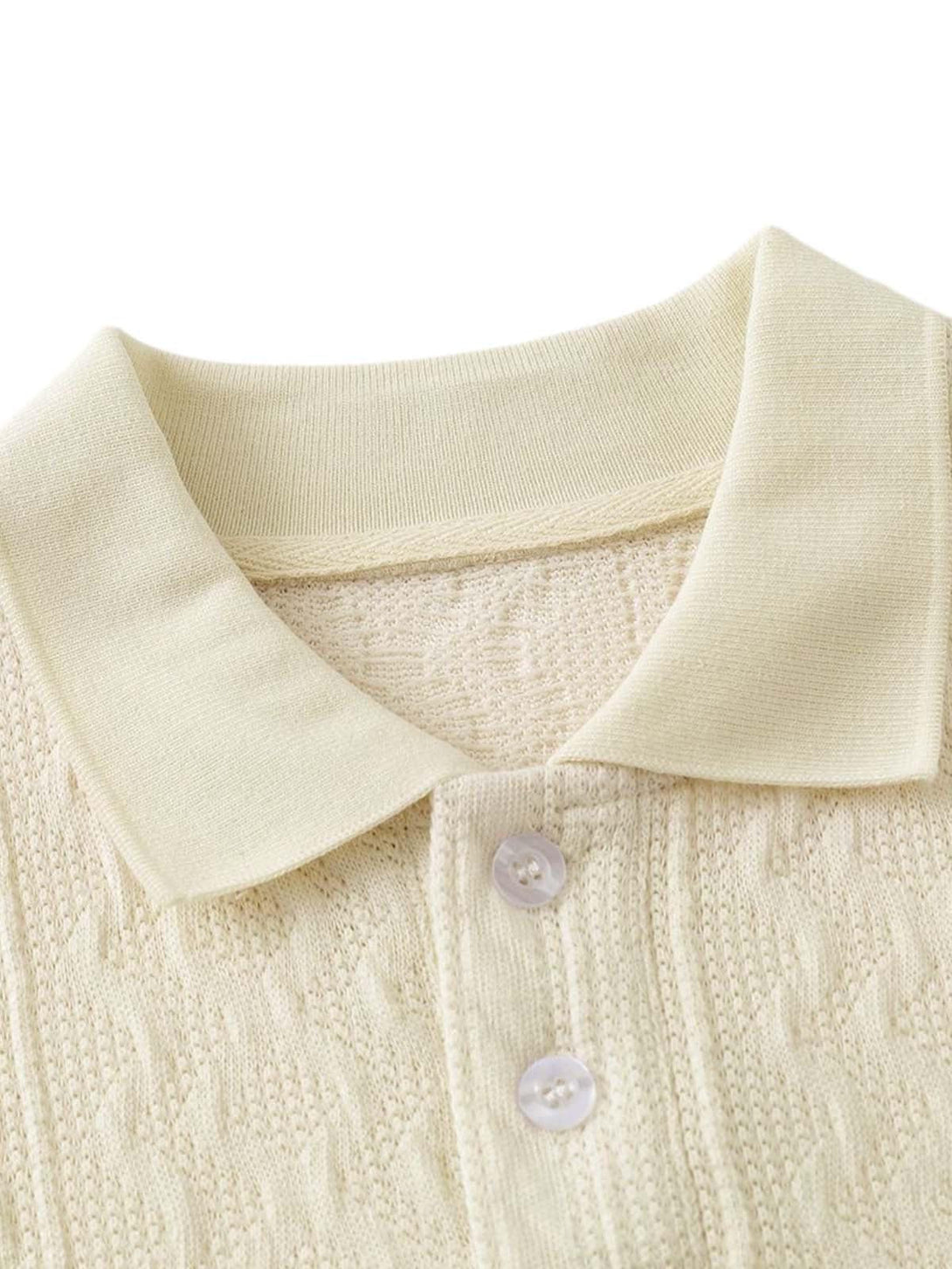 A close-up of TALISHKO's retro polo shirt collar, highlighting the knit texture and buttons.