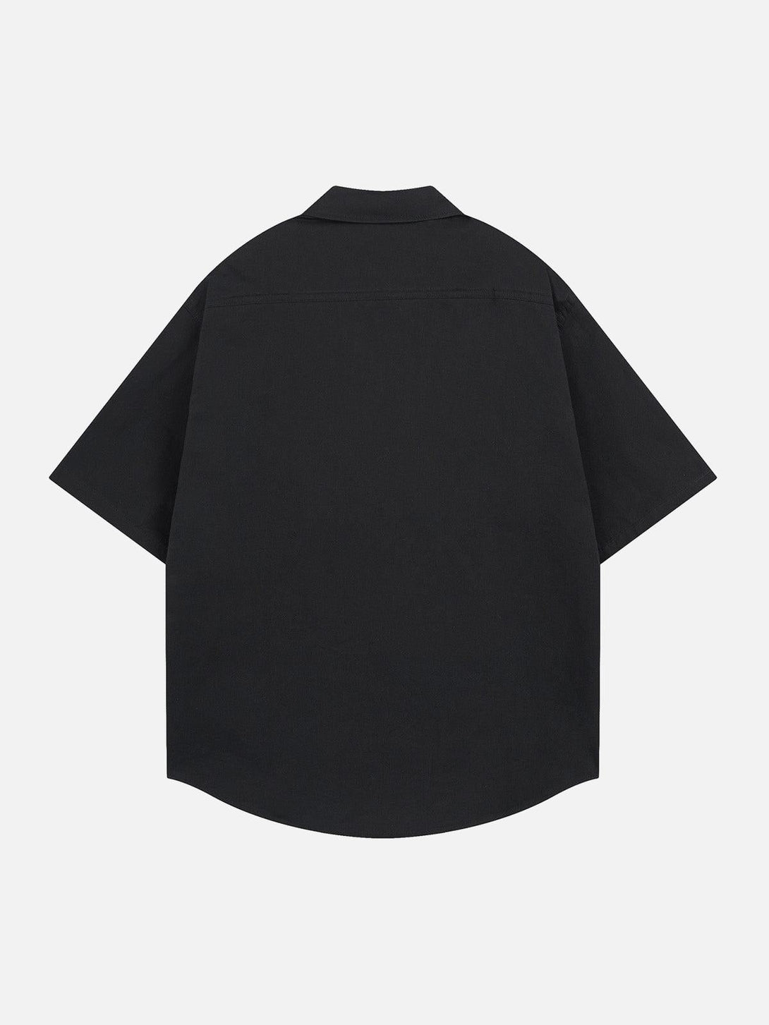 Back view of a black short sleeve shirt by TALISHKO, showcasing its minimalist design.