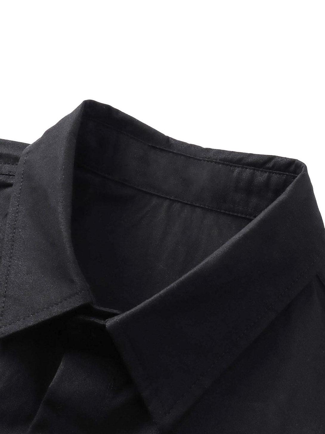 Focusing on the collar detail of a sleek black short sleeve shirt by TALISHKO.