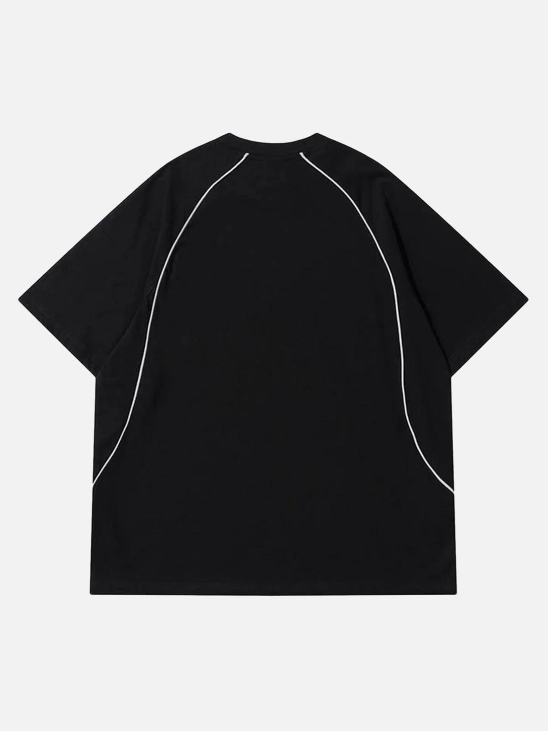 Back view of a black T-shirt by TALISHKO, showcasing retro piping details for a stylish look.