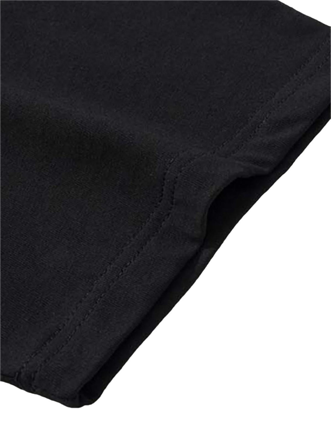 Detailed fabric and stitching of a black T-shirt sleeve by TALISHKO, showcasing quality craftsmanship.