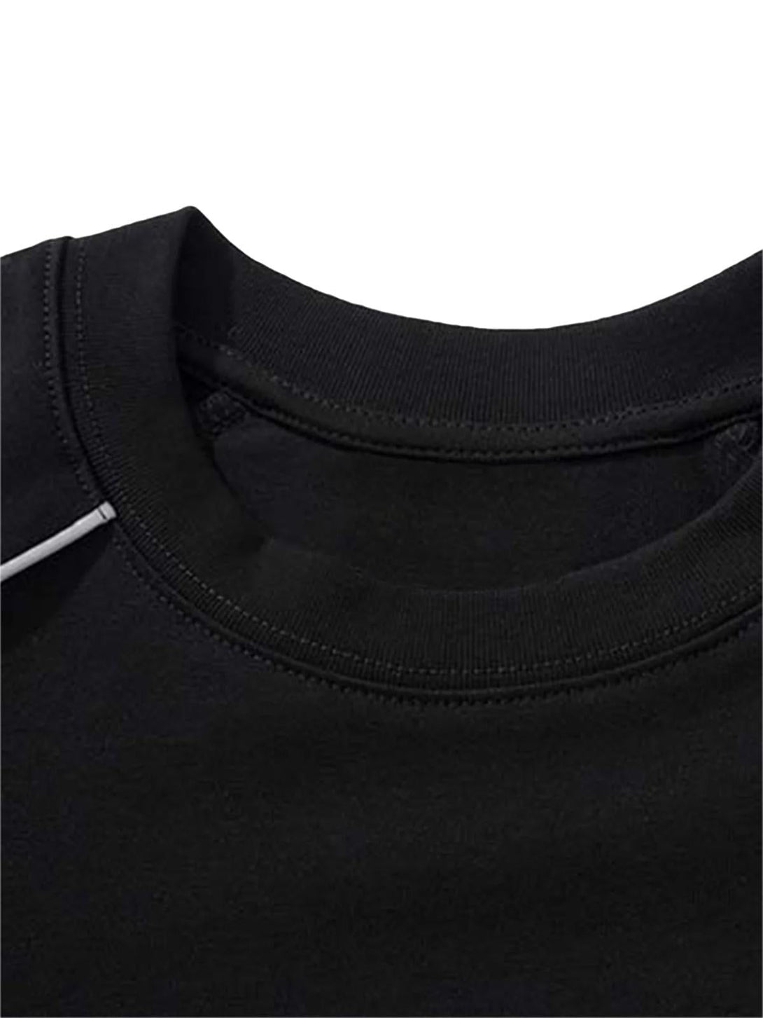 Detail of a black T-shirt neckline by TALISHKO, showcasing elegant piping and stitching.