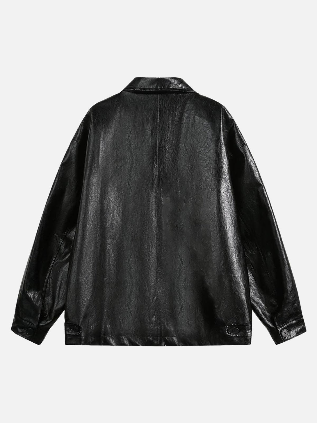 Back view of a black retro motorcycle PU leather jacket by TALISHKO, highlighting sleek design.