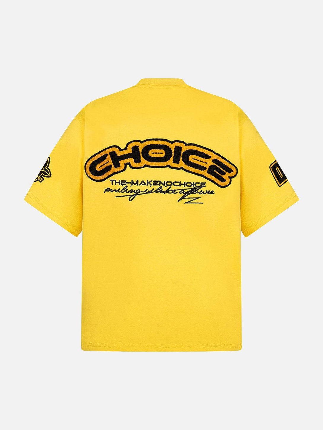 Back view of yellow TALISHKO T-shirt with bold retro motorcycle-inspired embroidery.