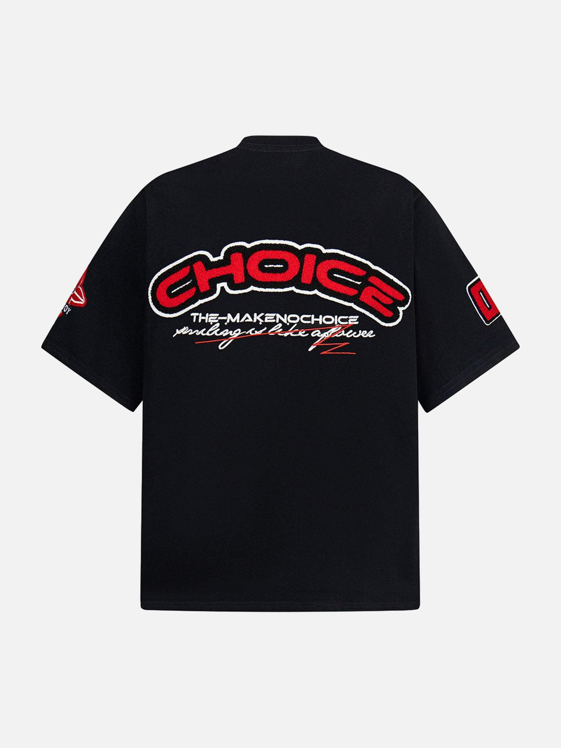 Back view of TALISHKO T-shirt showcasing bold retro motorcycle embroidery and patches.