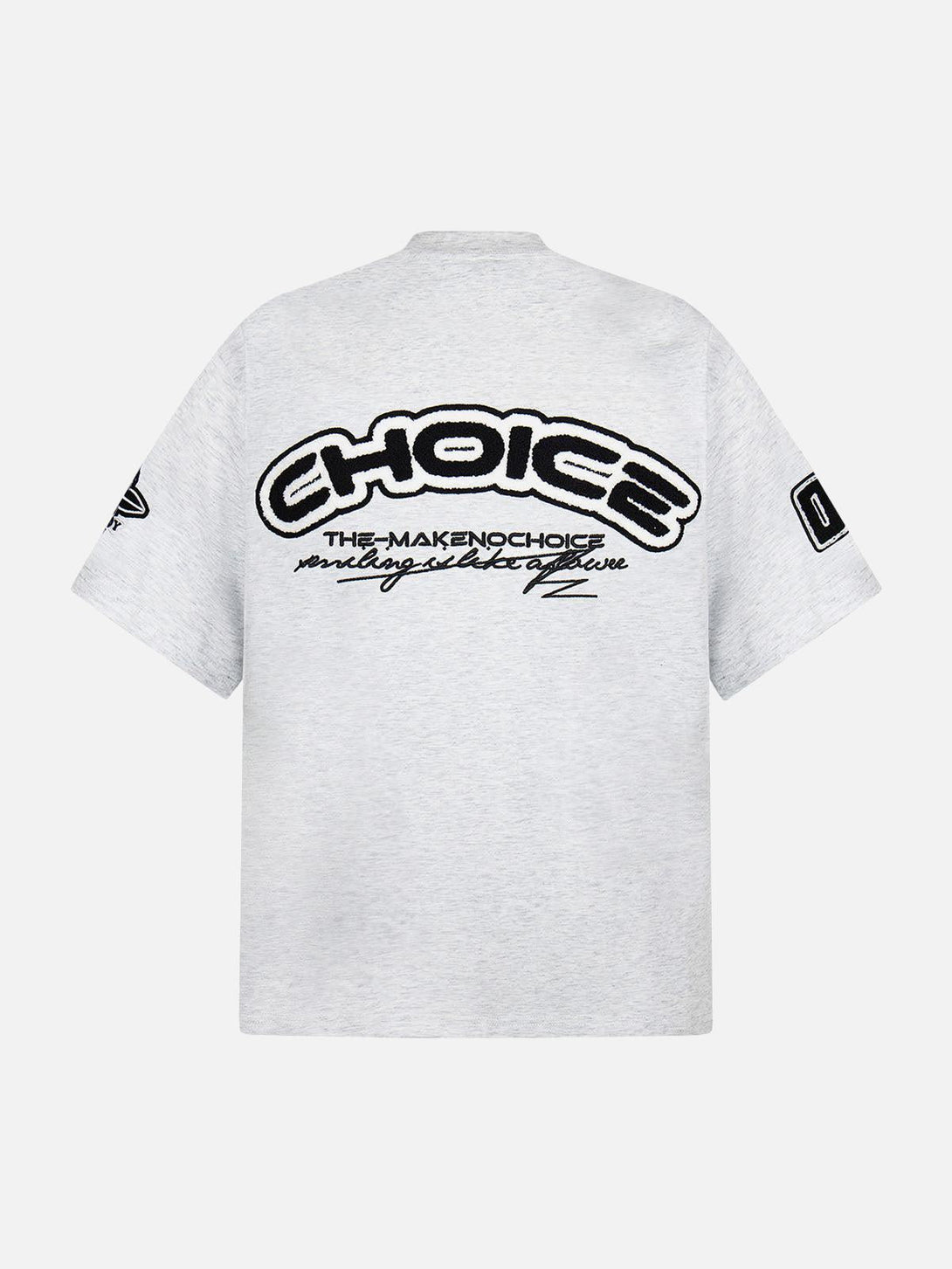 Back view of gray TALISHKO T-shirt with bold embroidered patches and retro motorcycle vibe.
