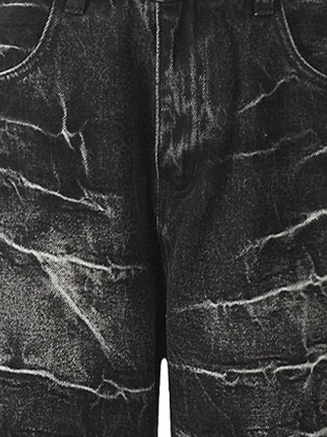 Zoomed-in view of TALISHKO retro neutral washed straight jeans, showcasing unique texture.