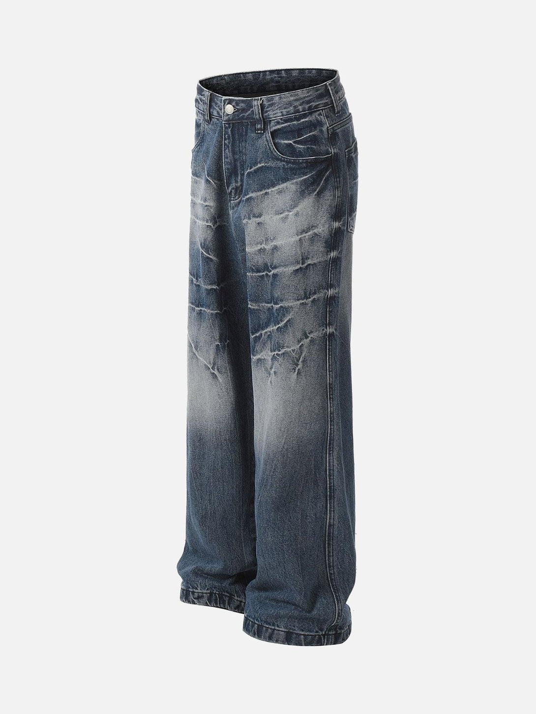 Side view of blue retro washed straight jeans by TALISHKO, featuring a relaxed fit.