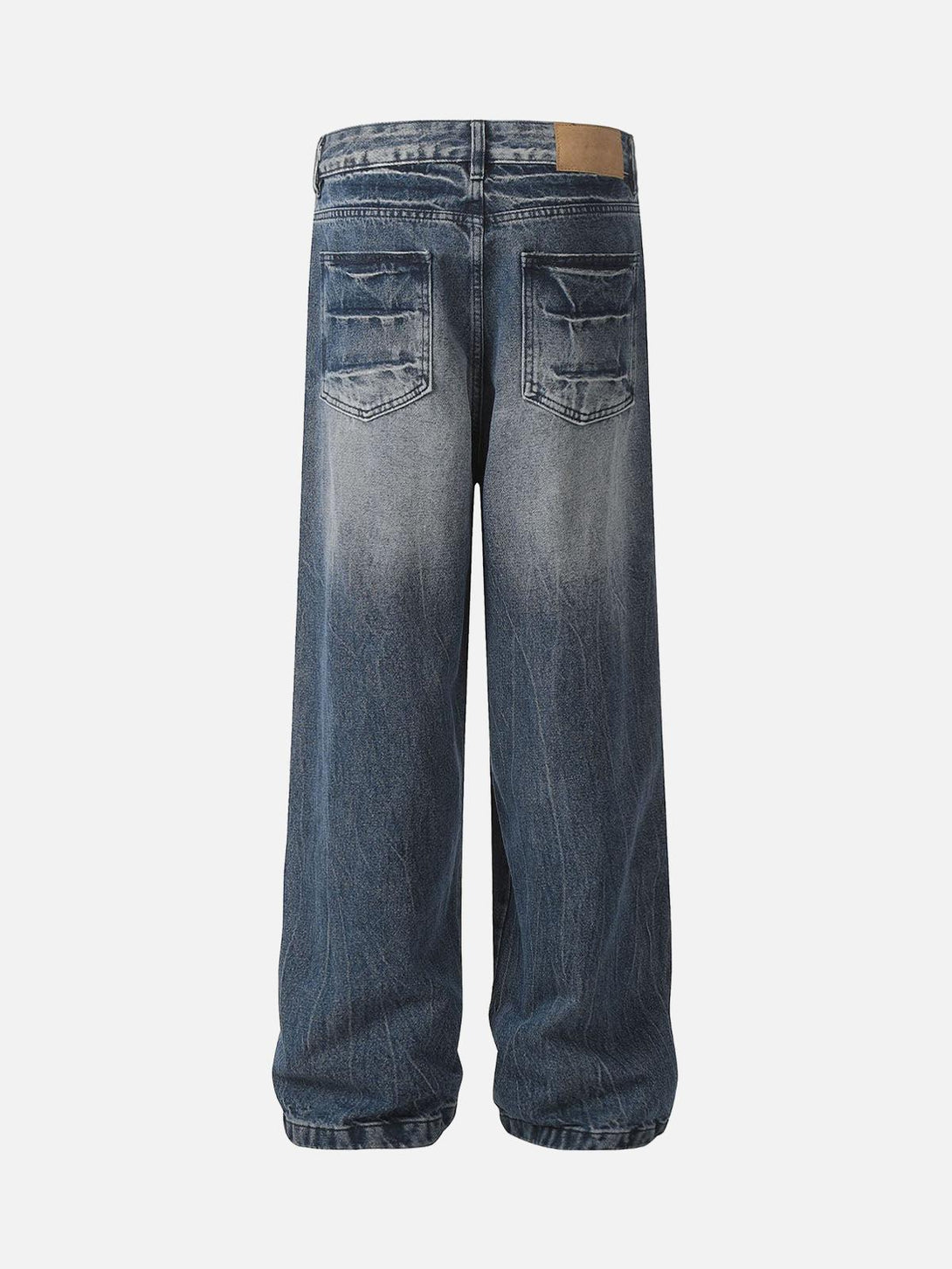 Back view of blue retro washed straight jeans by TALISHKO, featuring a vintage look.