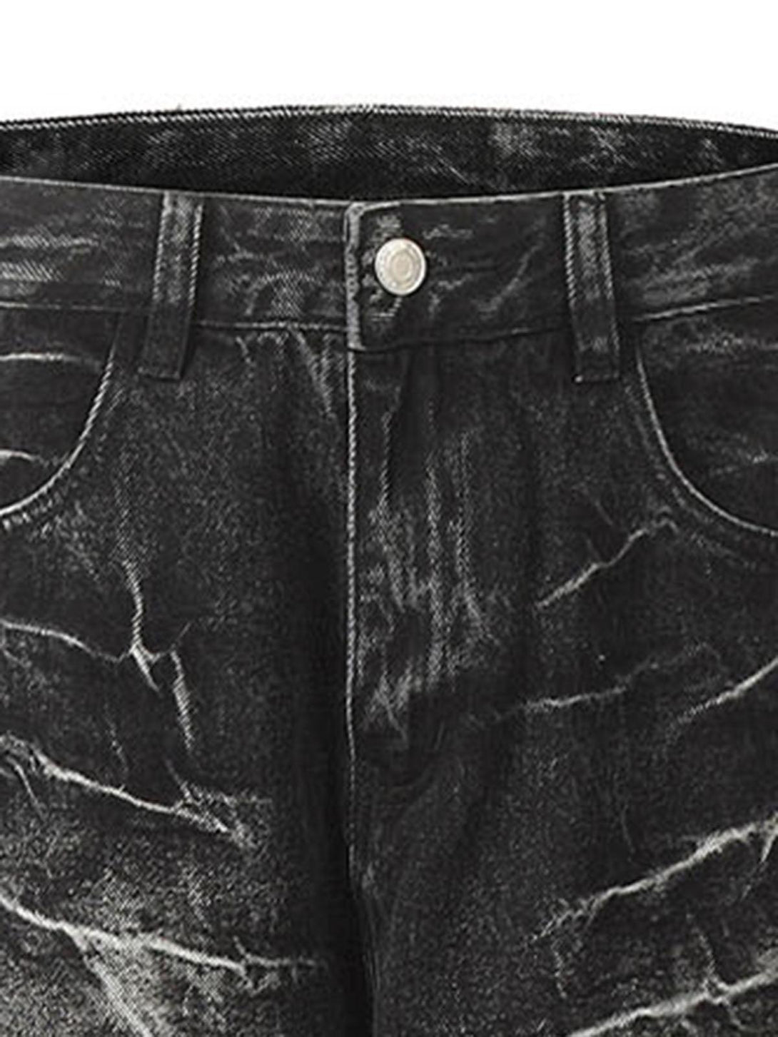 Zoomed-in texture of TALISHKO retro washed straight jeans, highlighting vintage detailing.