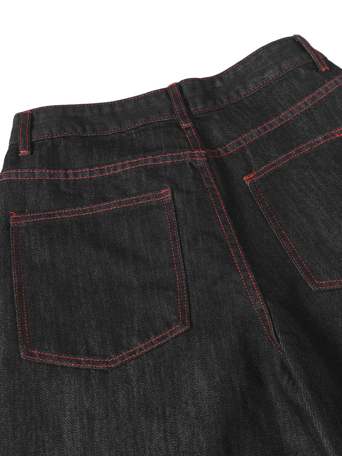 Back view of TALISHKO baggy jeans showcasing contrasting red stitching and pocket detail.