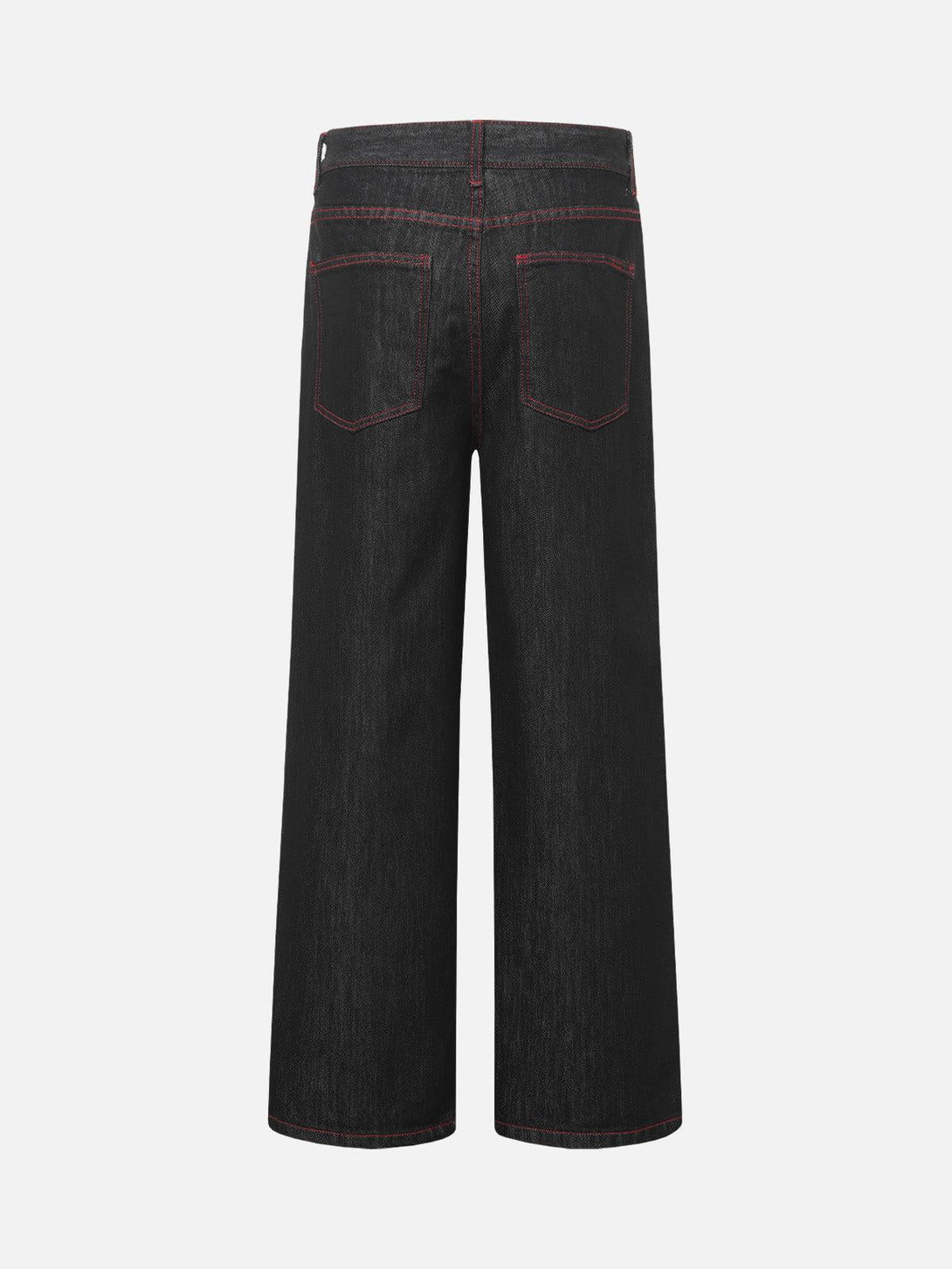 Back view of TALISHKO retro patchwork baggy jeans with contrasting red stitching detail.