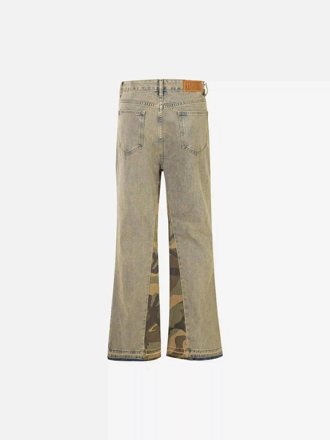 Back view of TALISHKO retro patchwork camouflage flared jeans, highlighting unique design.