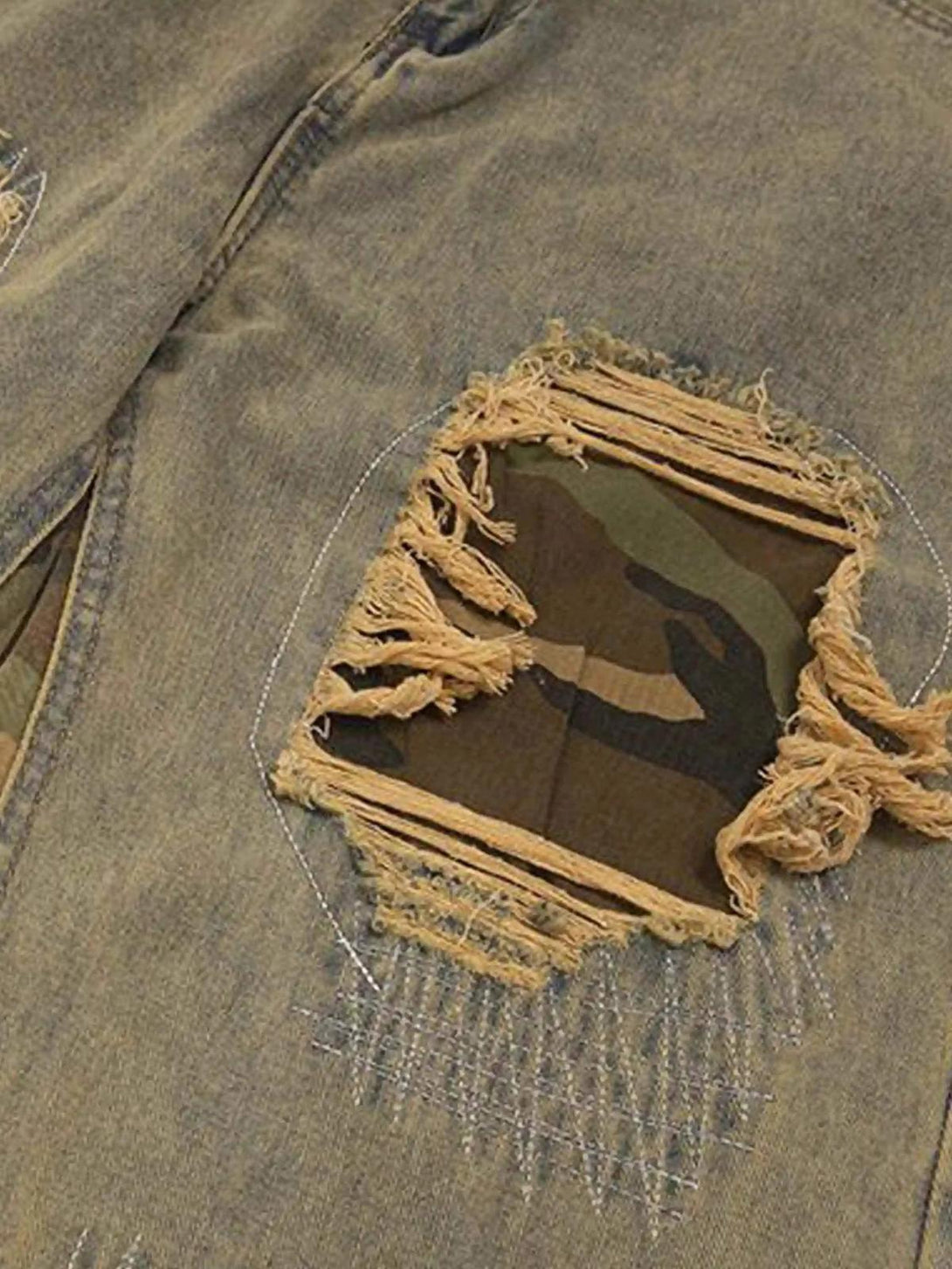 A detailed view of TALISHKO's retro jeans, showcasing patchwork and camouflage design.