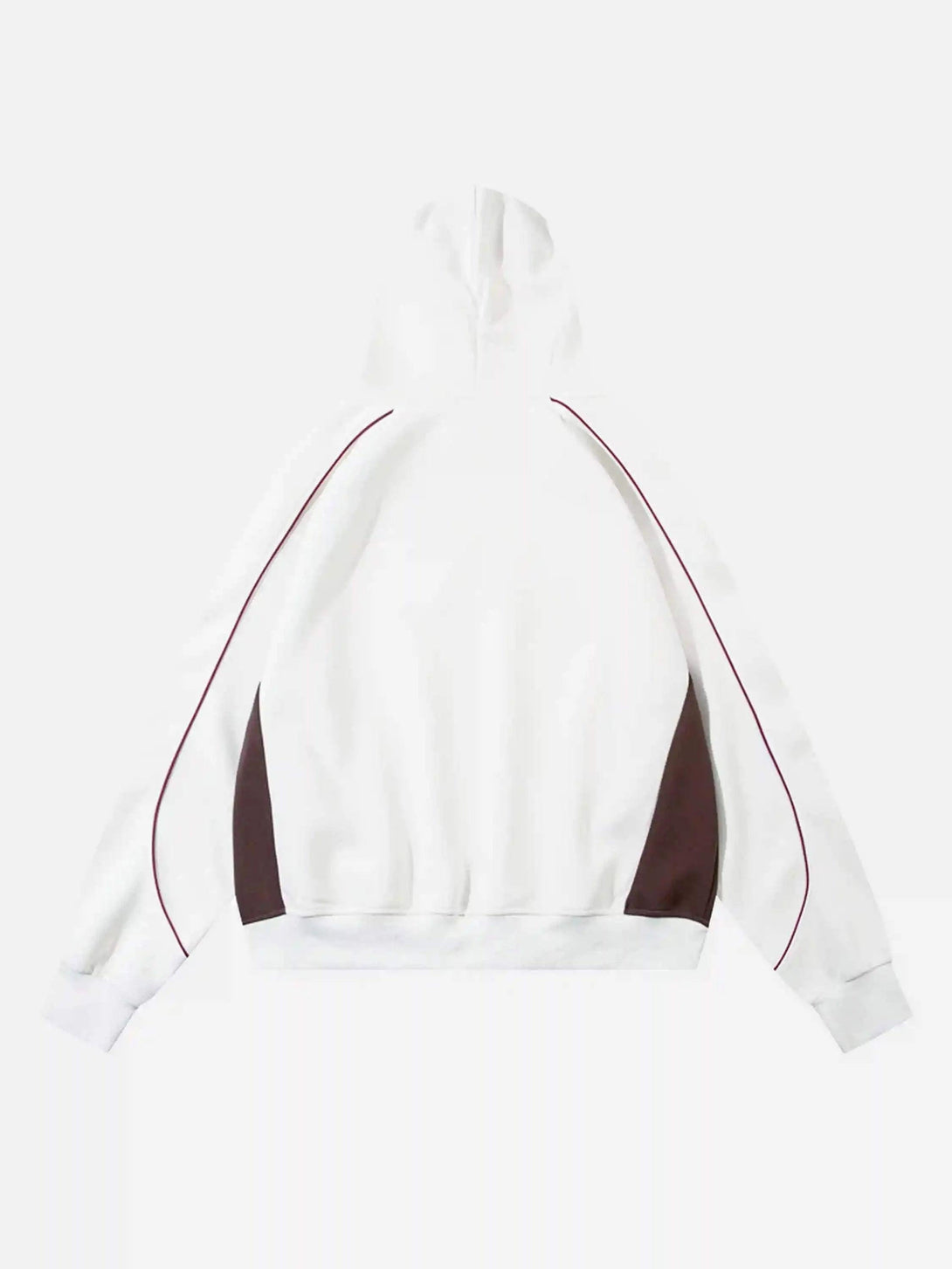 Back view of a white hoodie by TALISHKO, featuring retro patchwork and maroon accents.