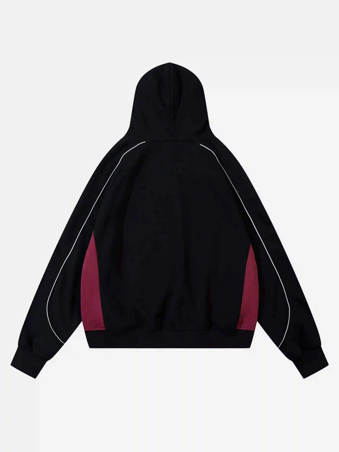 Back view of a black retro patchwork hoodie by TALISHKO, showcasing stylish color accents.