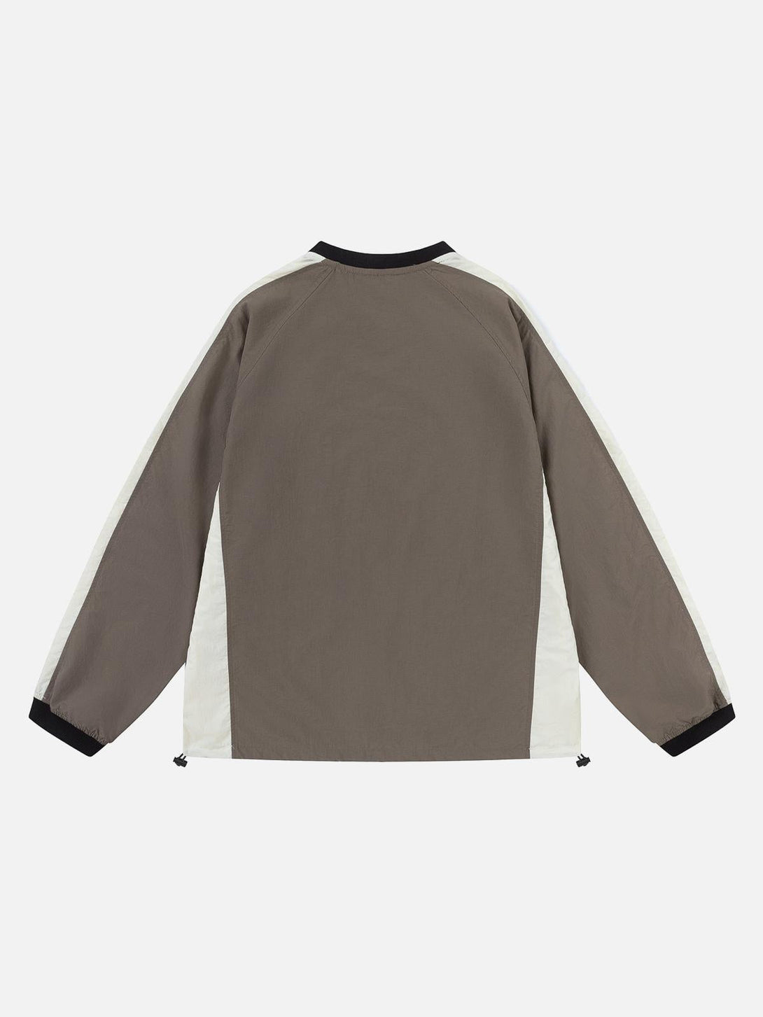 Back view of a TALISHKO retro patchwork long-sleeved T-shirt featuring neutral tones.