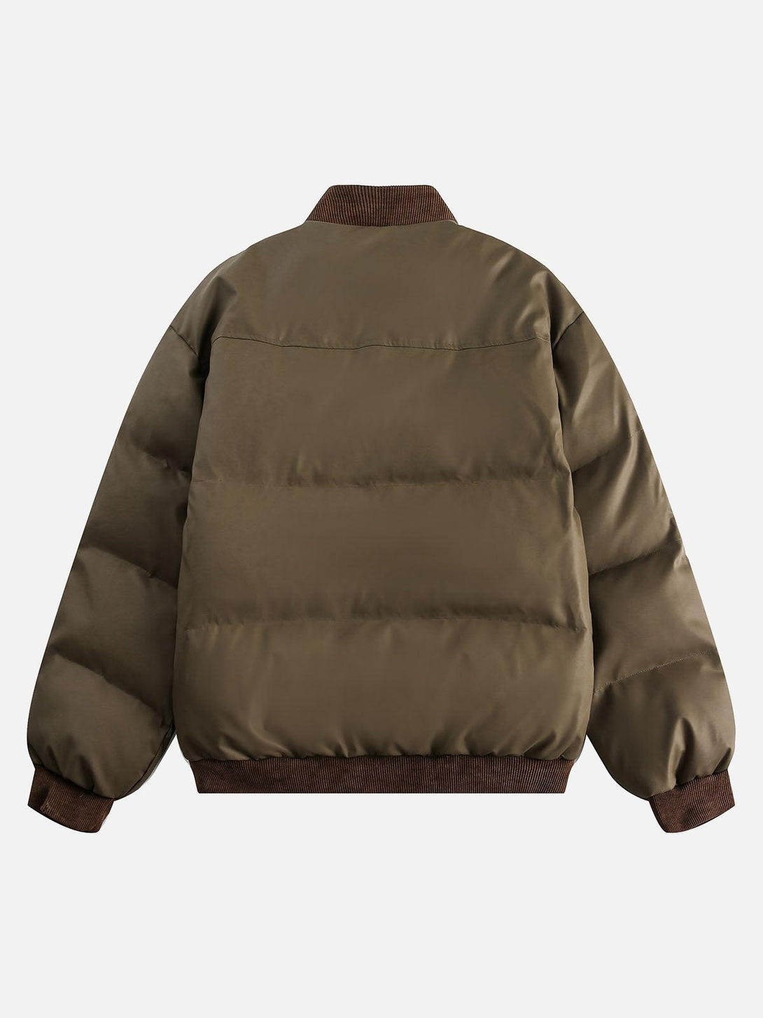 Back view of an olive green puffer bomber jacket by TALISHKO, highlighting its cozy design.