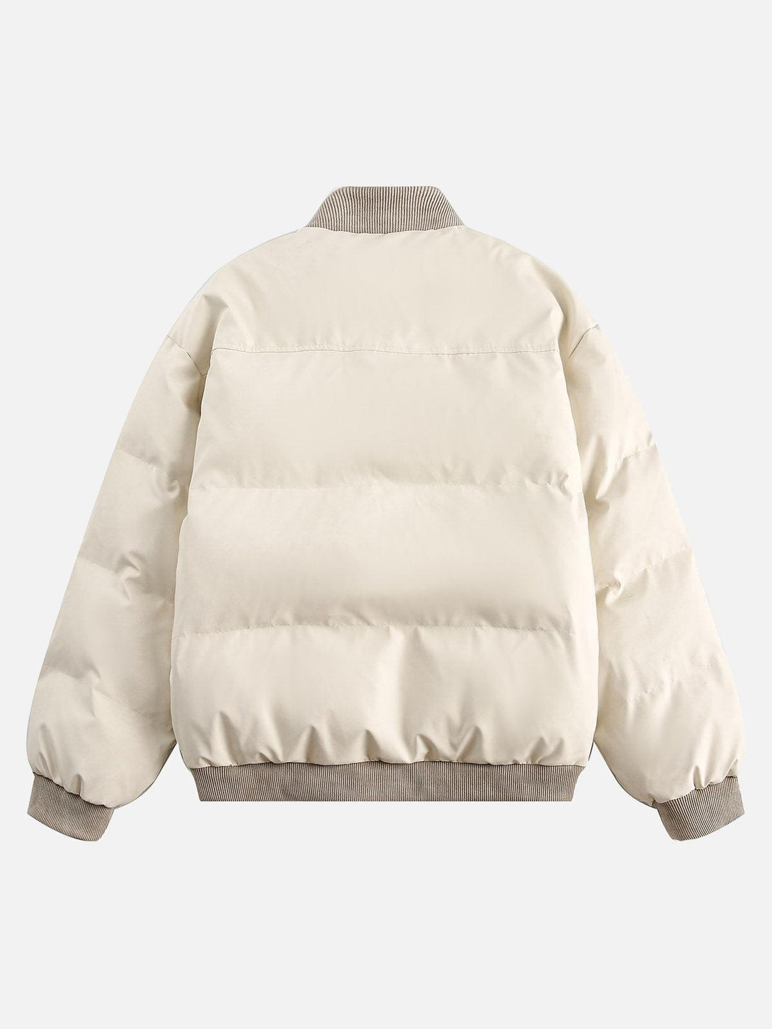 Back view of a beige puffer bomber jacket by TALISHKO, showcasing a cozy, retro style.