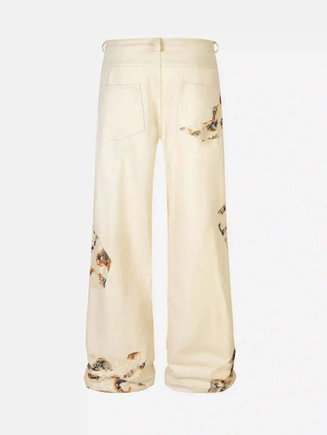 Back view of TALISHKO retro patchwork street jeans, featuring subtle distressed accents.