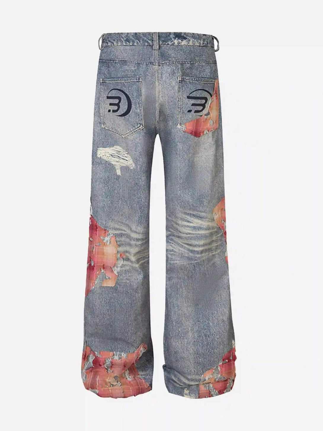 Back view of TALISHKO retro patchwork jeans, highlighting unique distressed and colorful details.