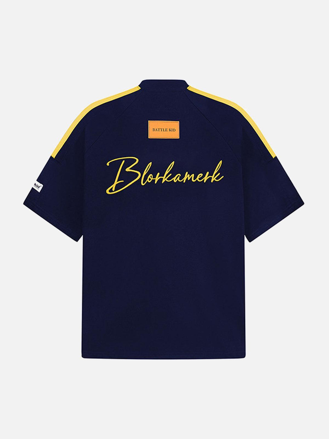 Back view of navy retro short sleeve t-shirt by TALISHKO featuring bold yellow lettering.