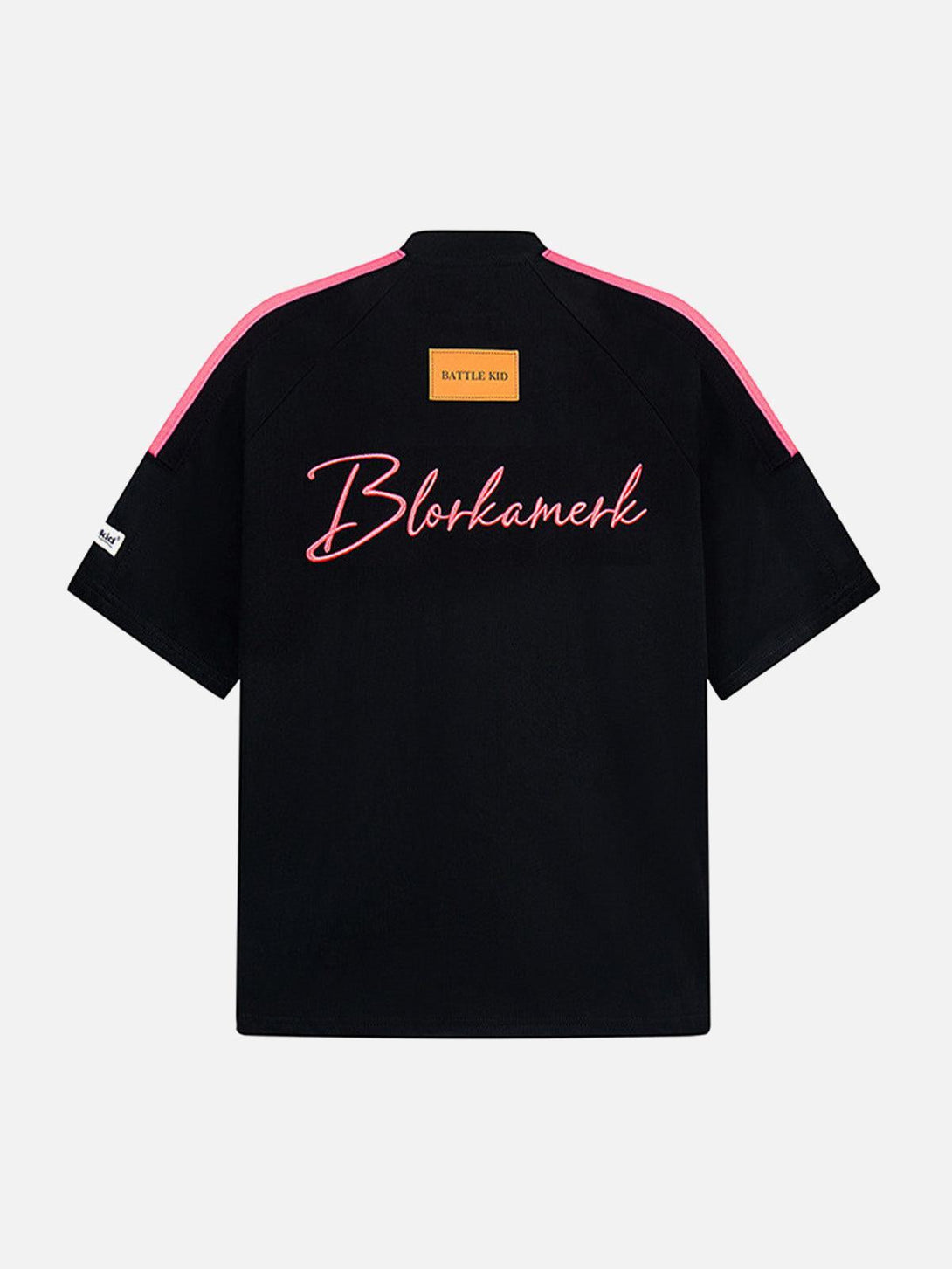 Back view of TALISHKO's black retro short sleeve t-shirt with pink accents and stylish lettering.