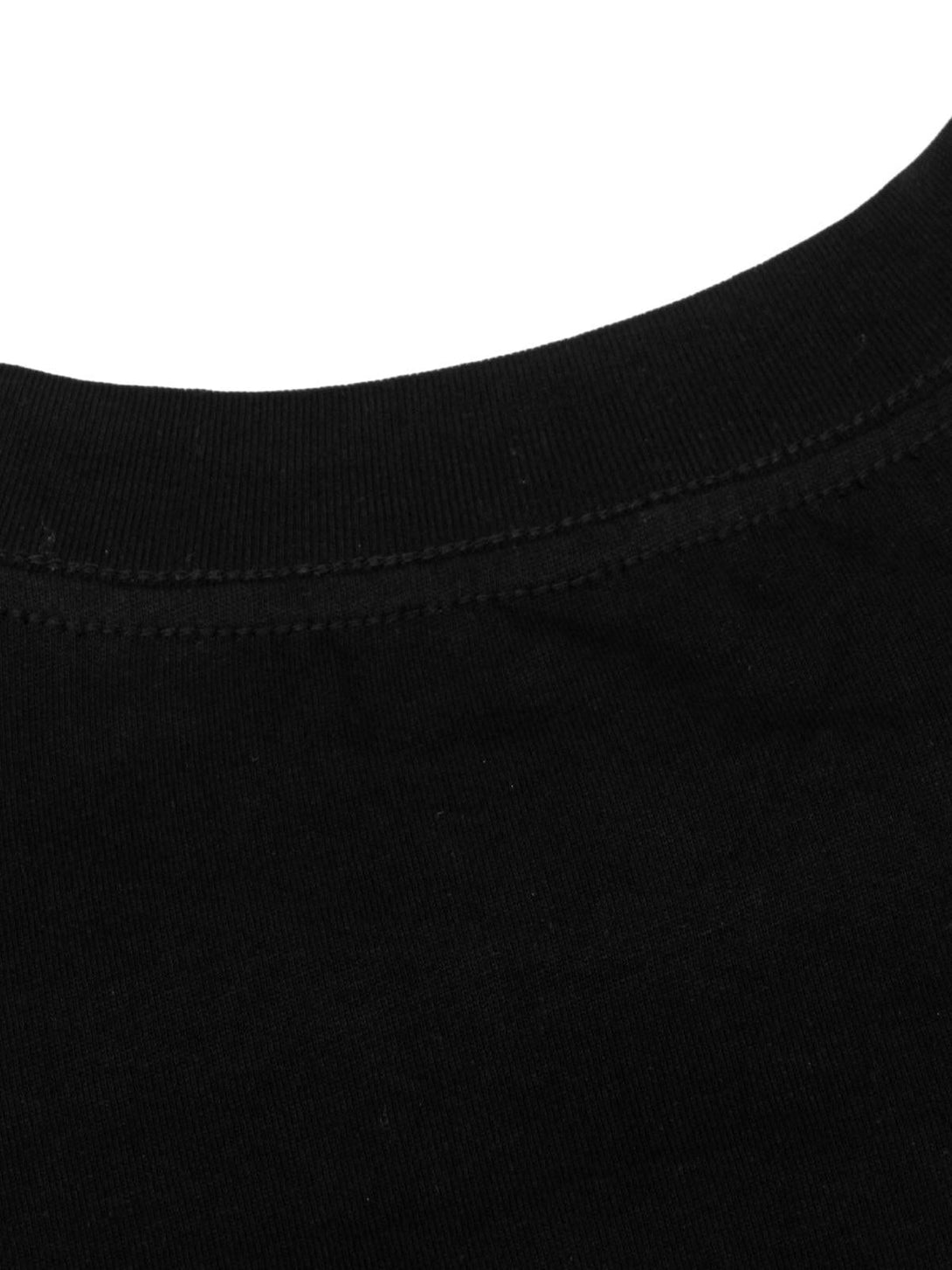 Detailed fabric and stitching of a black TALISHKO T-shirt, emphasizing quality craftsmanship.