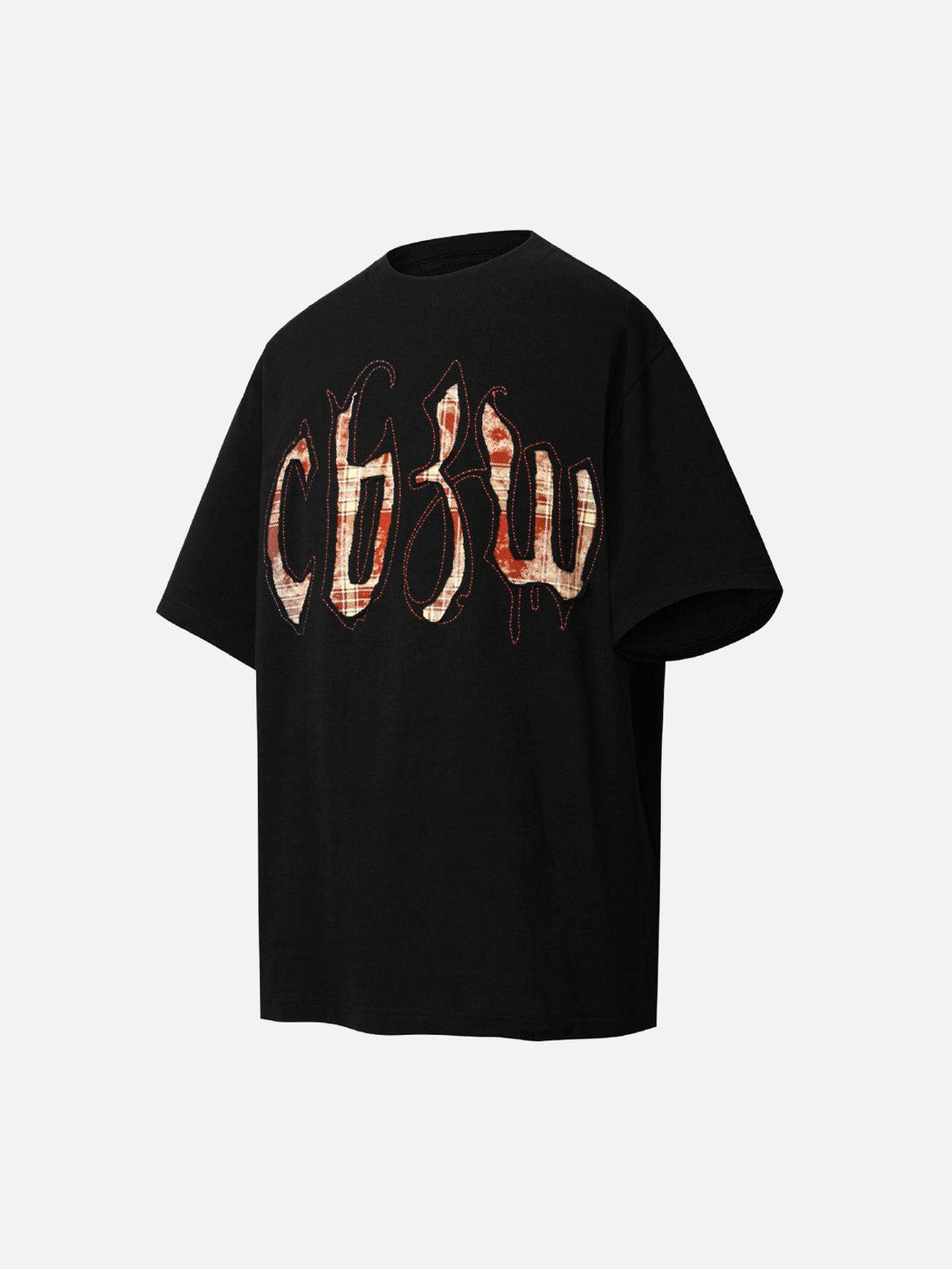 Black TALISHKO T-shirt featuring retro plaid letter embroidery, showcasing a relaxed style.