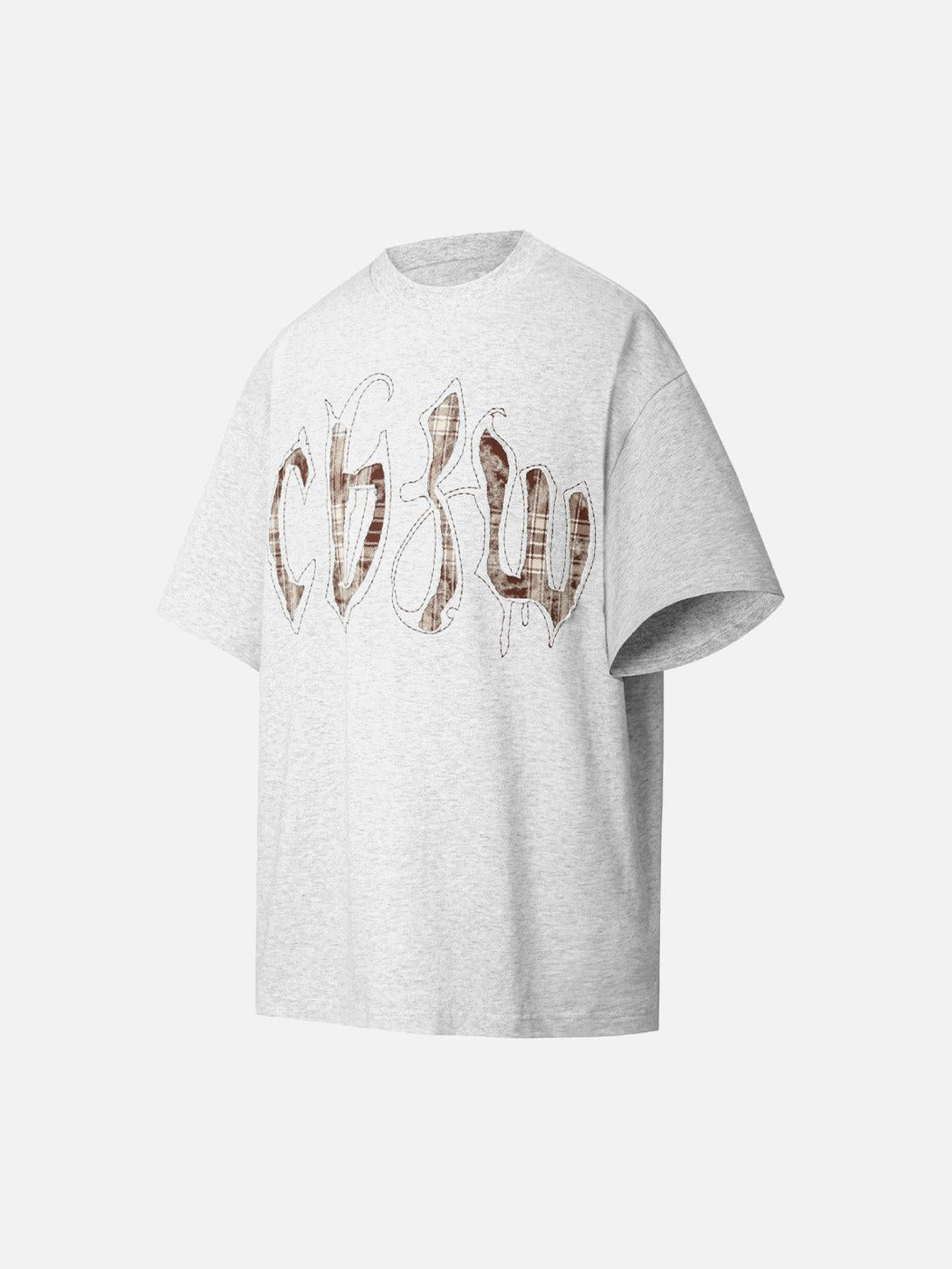 Gray TALISHKO T-shirt with retro plaid letter embroidery, offering a casual and stylish look.