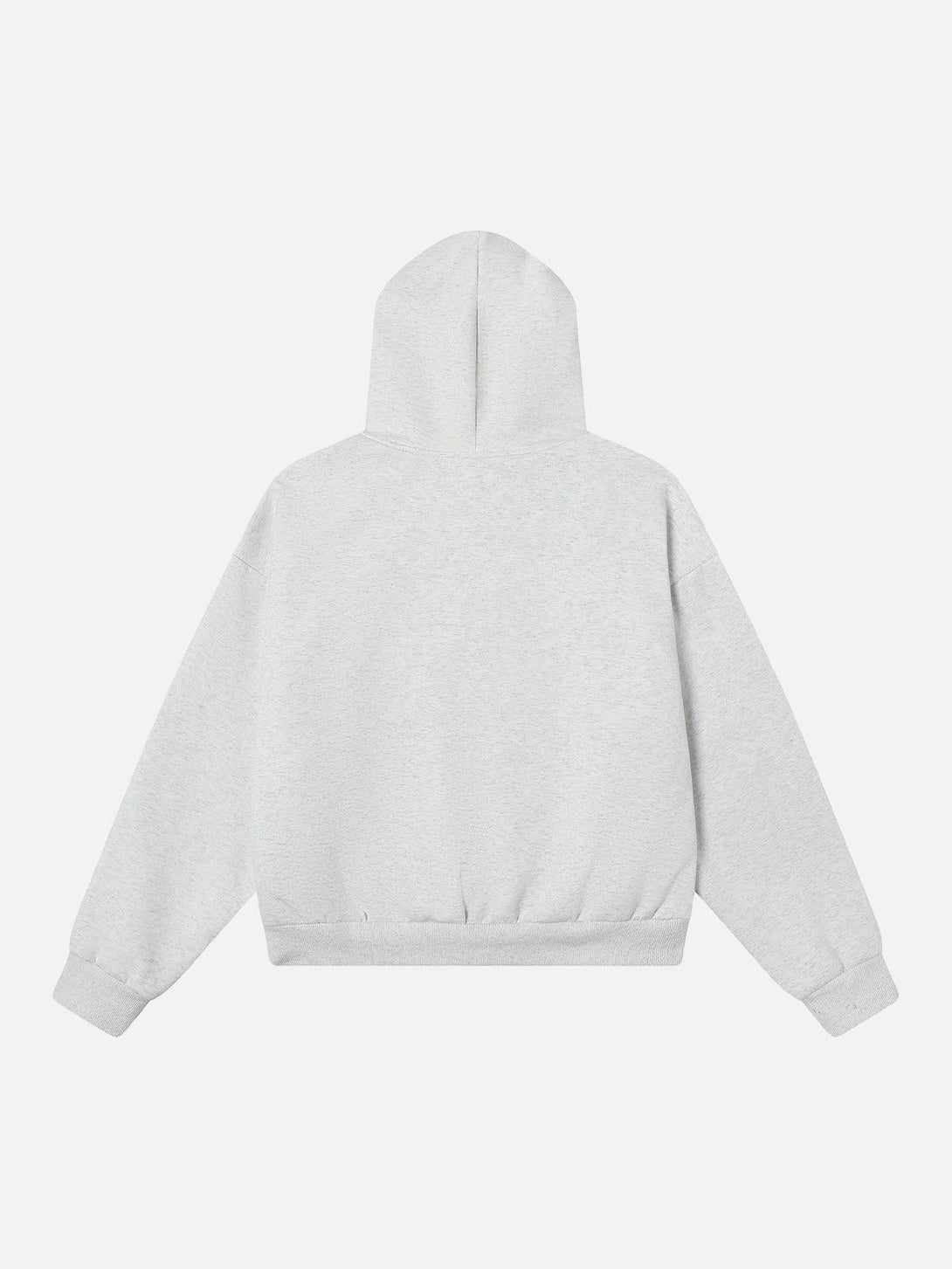 Back view of a gray hooded sweatshirt by TALISHKO, showcasing its cozy, relaxed fit.