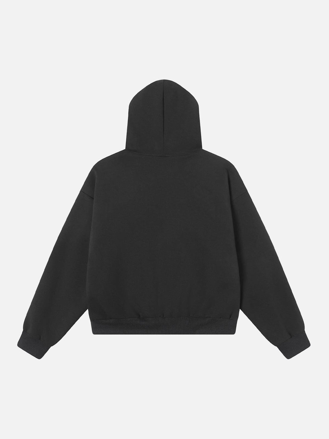 Back view of a black hooded sweatshirt by TALISHKO, highlighting its classic, relaxed design.