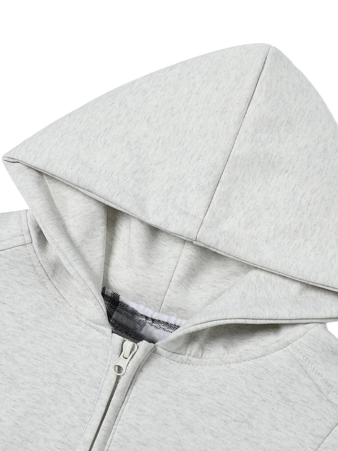 A detailed view of TALISHKO's hooded sweatshirt, featuring its soft fabric and plaid lining.