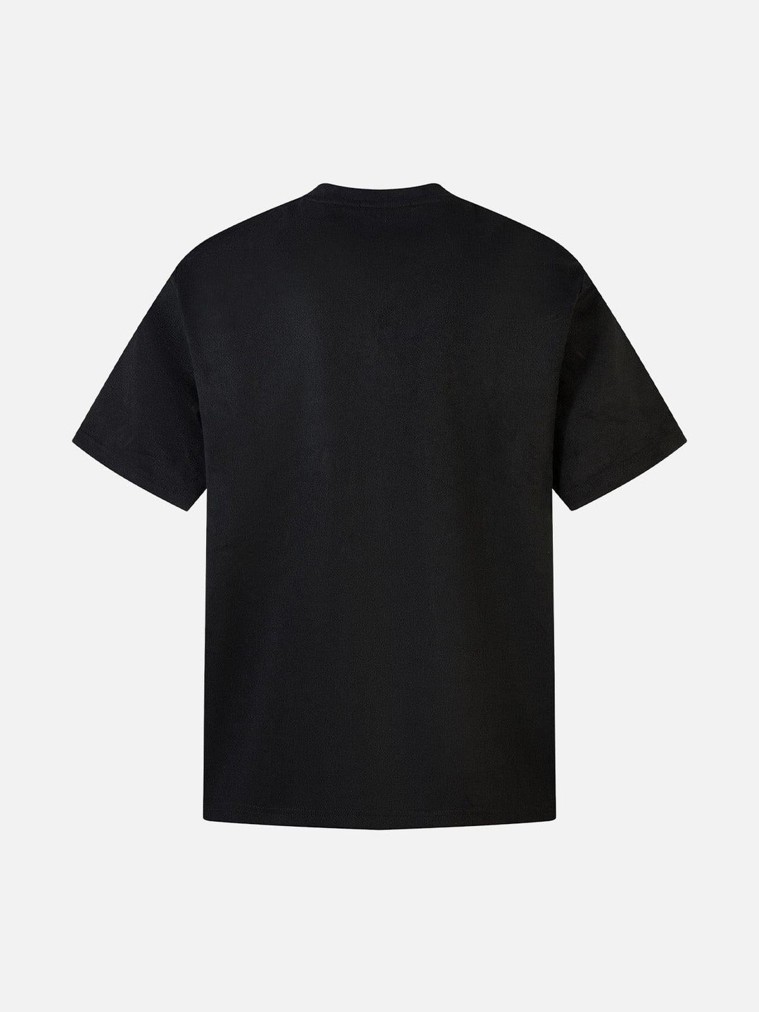 Back view of TALISHKO's black suede T-shirt, offering a sleek, minimalist retro style.