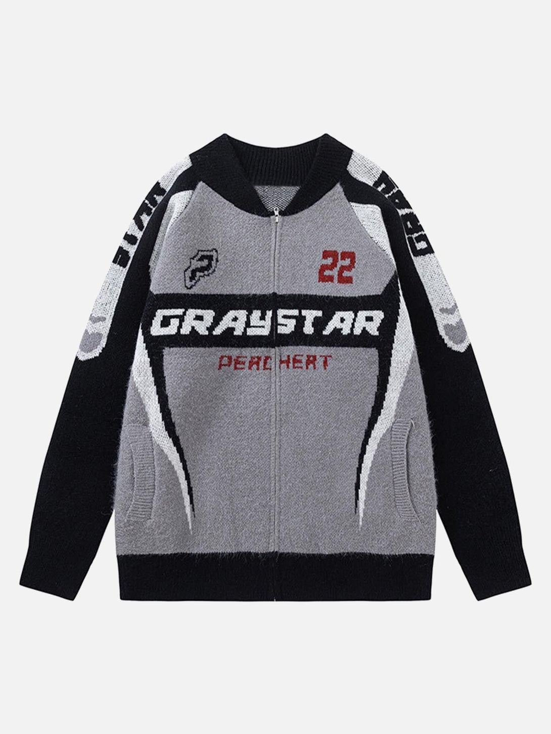TALISHKO retro racing bomber sweater jacket showcasing front graphics in gray and black.