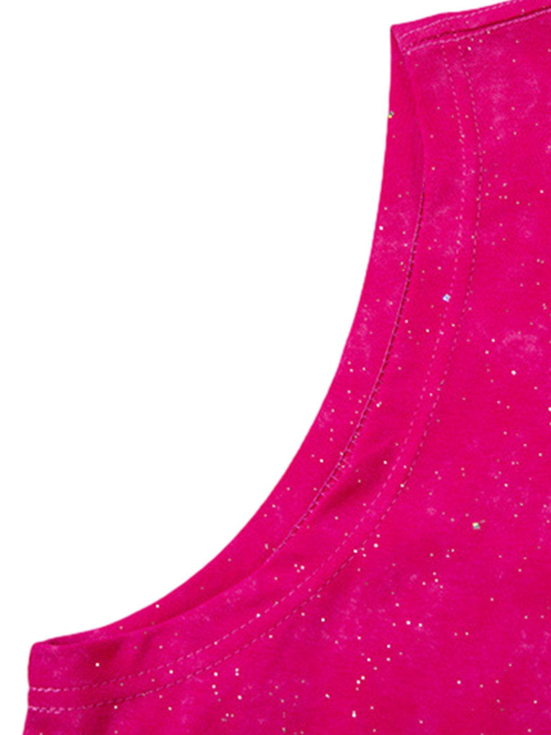 Detailed stitching on TALISHKO's vibrant pink vest, highlighting its sparkly texture.