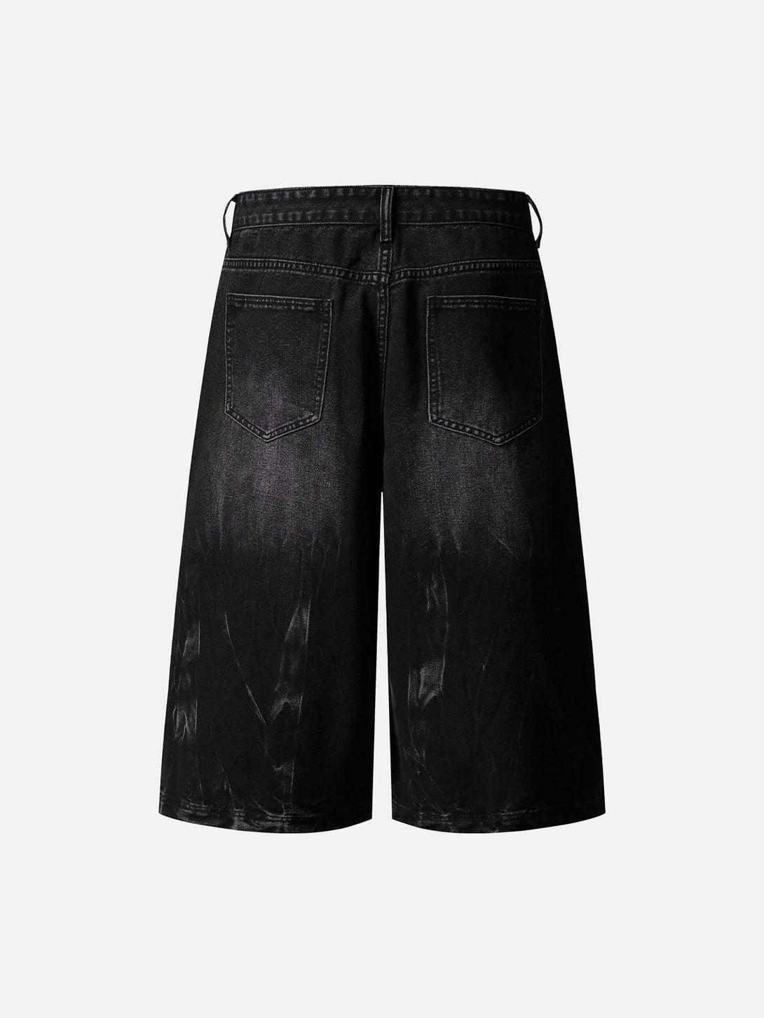 Back view of TALISHKO black denim shorts showcasing retro style with unique plaid contrast.