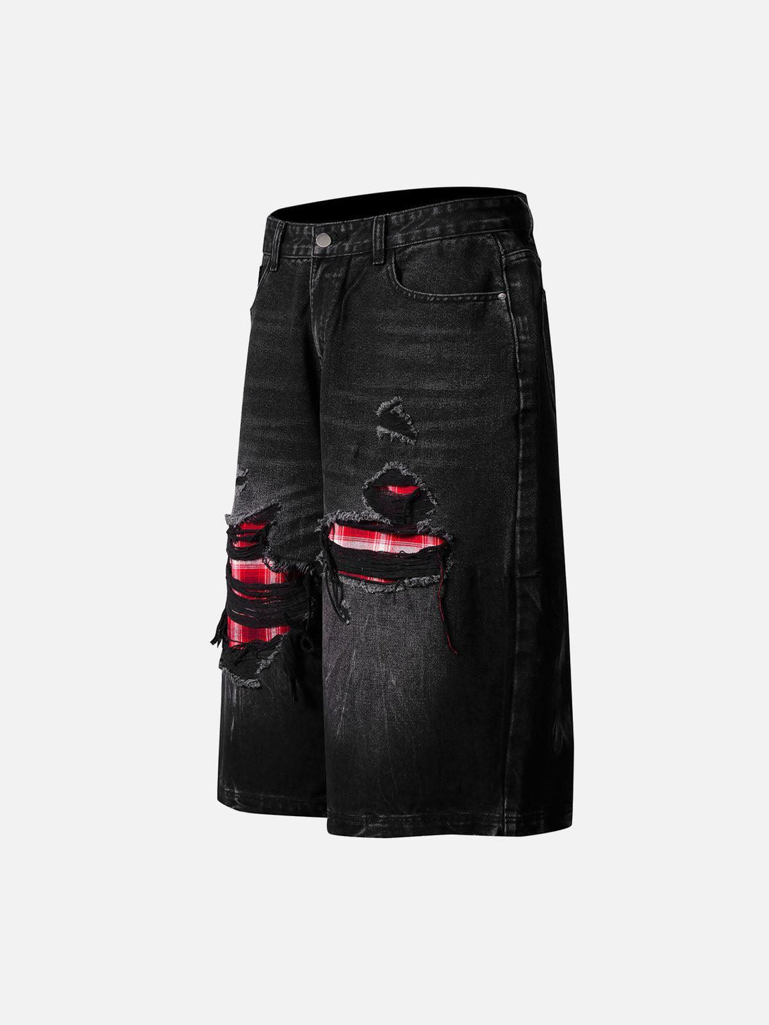 Side view of TALISHKO denim shorts featuring retro ripped details with plaid accents.