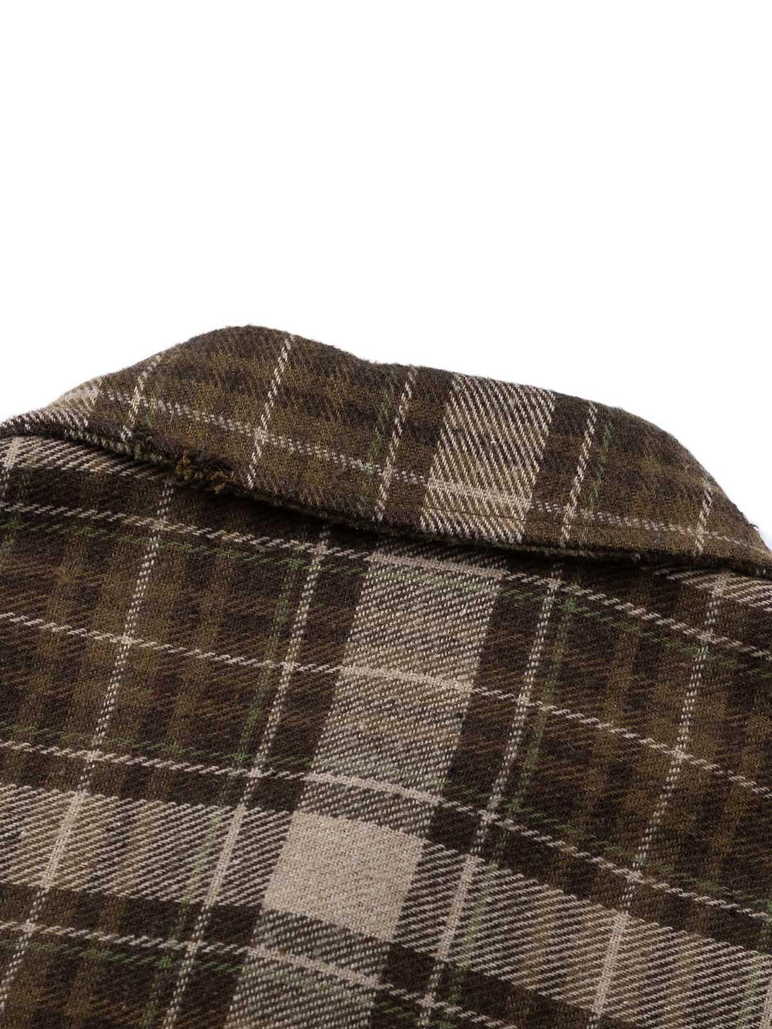 Focusing on the intricate plaid pattern on the shirt's shoulder, highlighting TALISHKO's design.