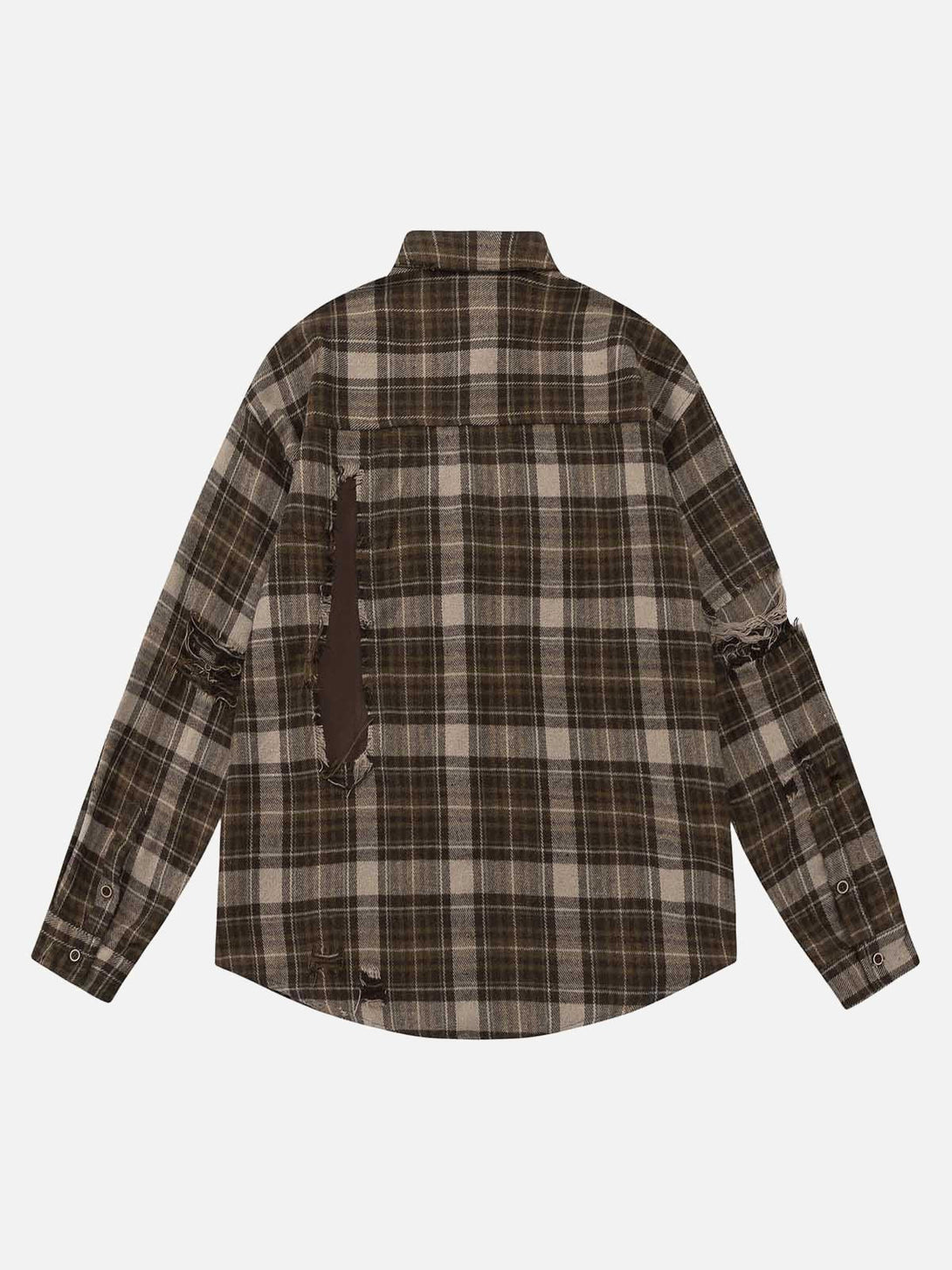 Back view of a plaid shirt featuring a ripped patchwork design, by TALISHKO.