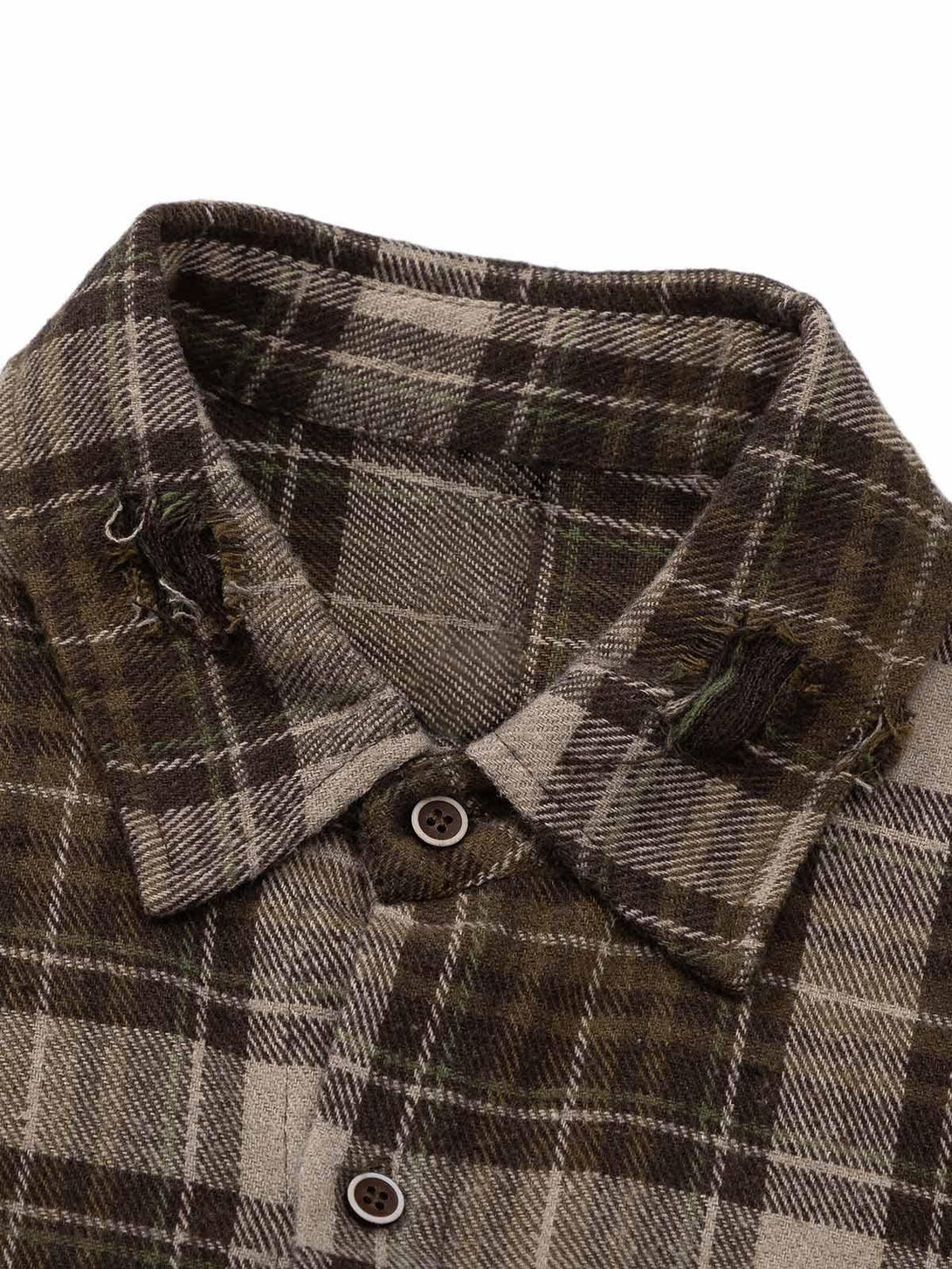 A detailed view of the plaid shirt collar with ripped patchwork, highlighting TALISHKO's design.