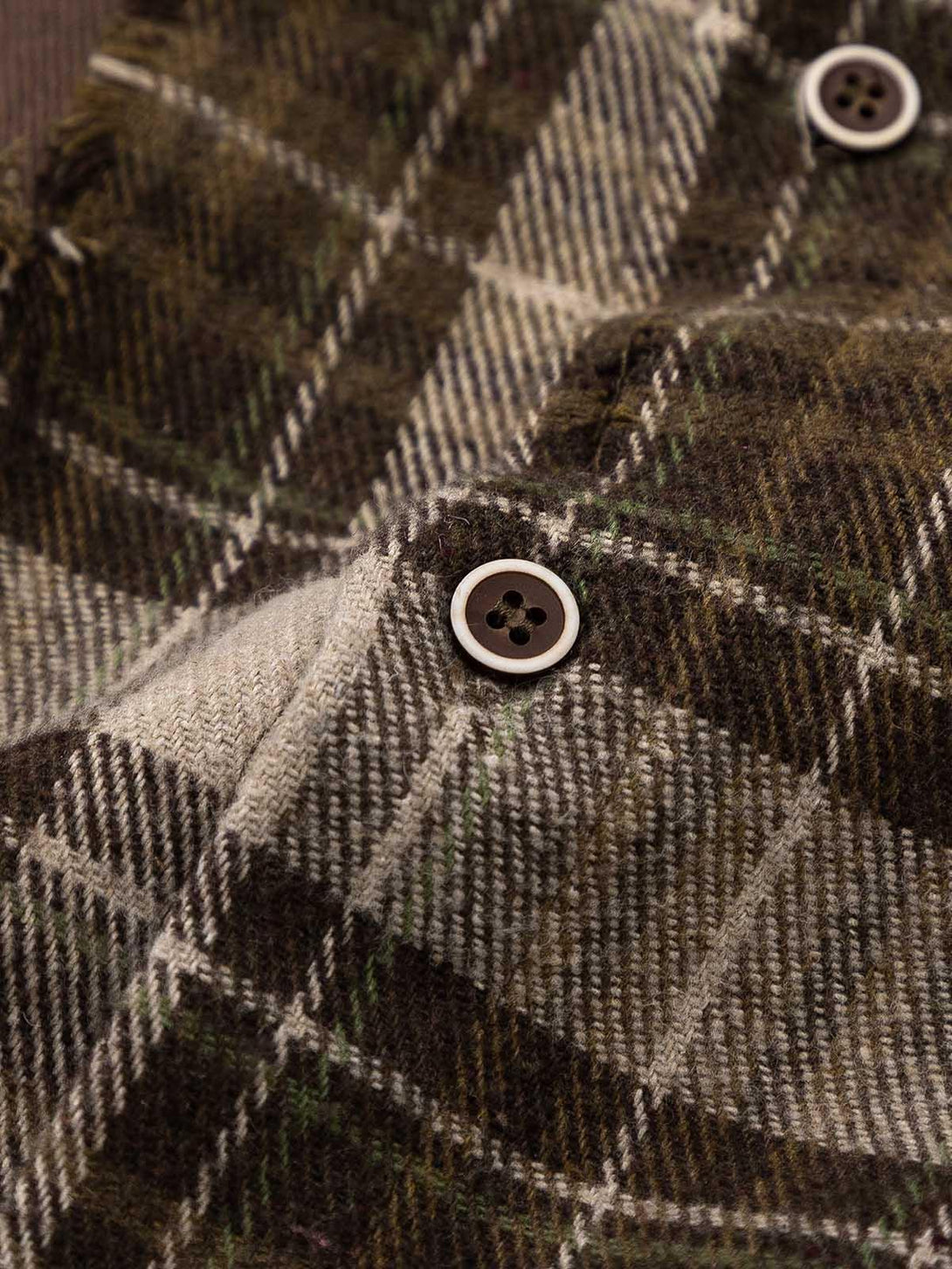Texture and pattern showcased on TALISHKO's plaid shirt, featuring classic button details.