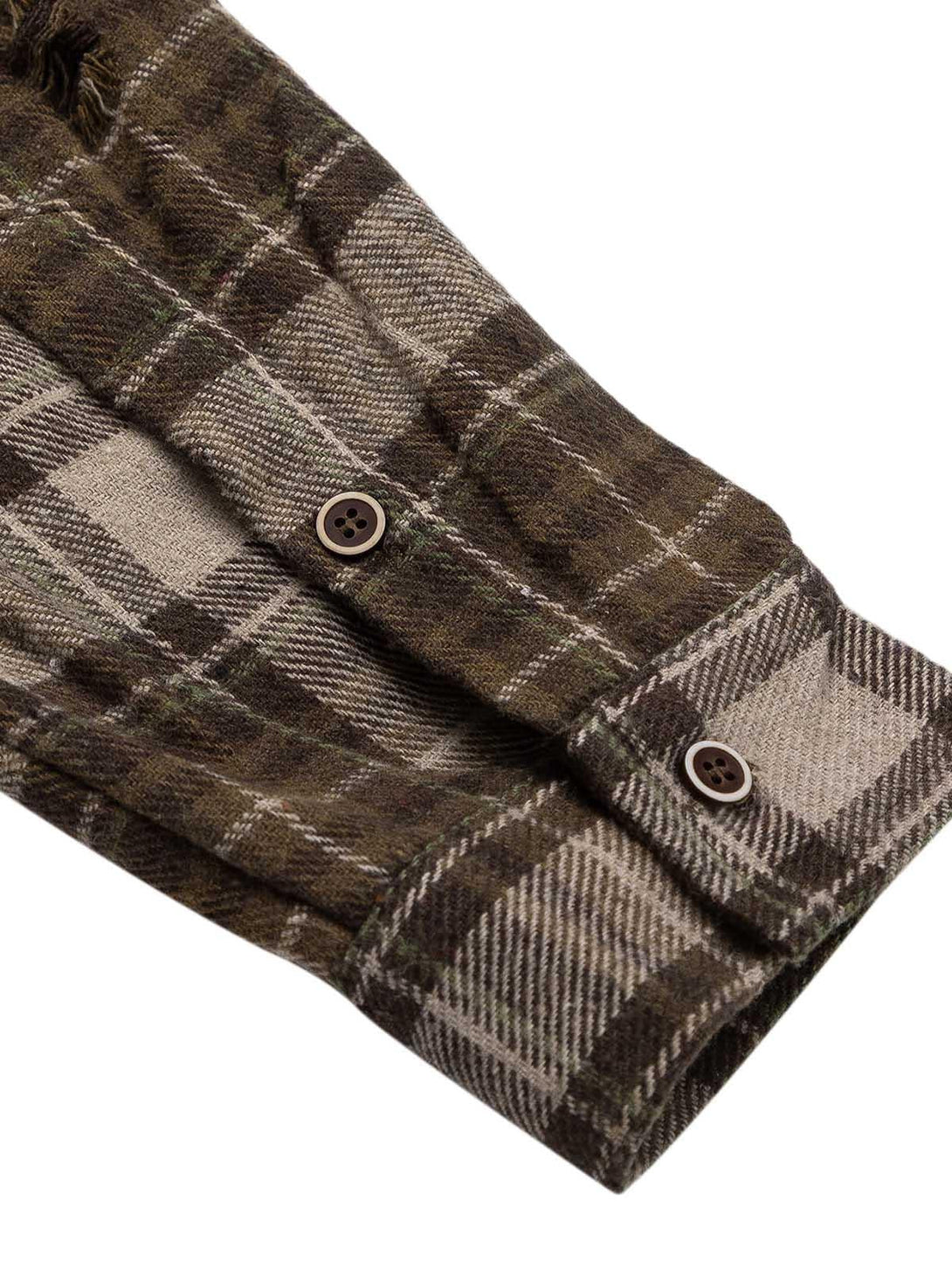 Button detail and plaid texture on the sleeve of TALISHKO's retro shirt design.
