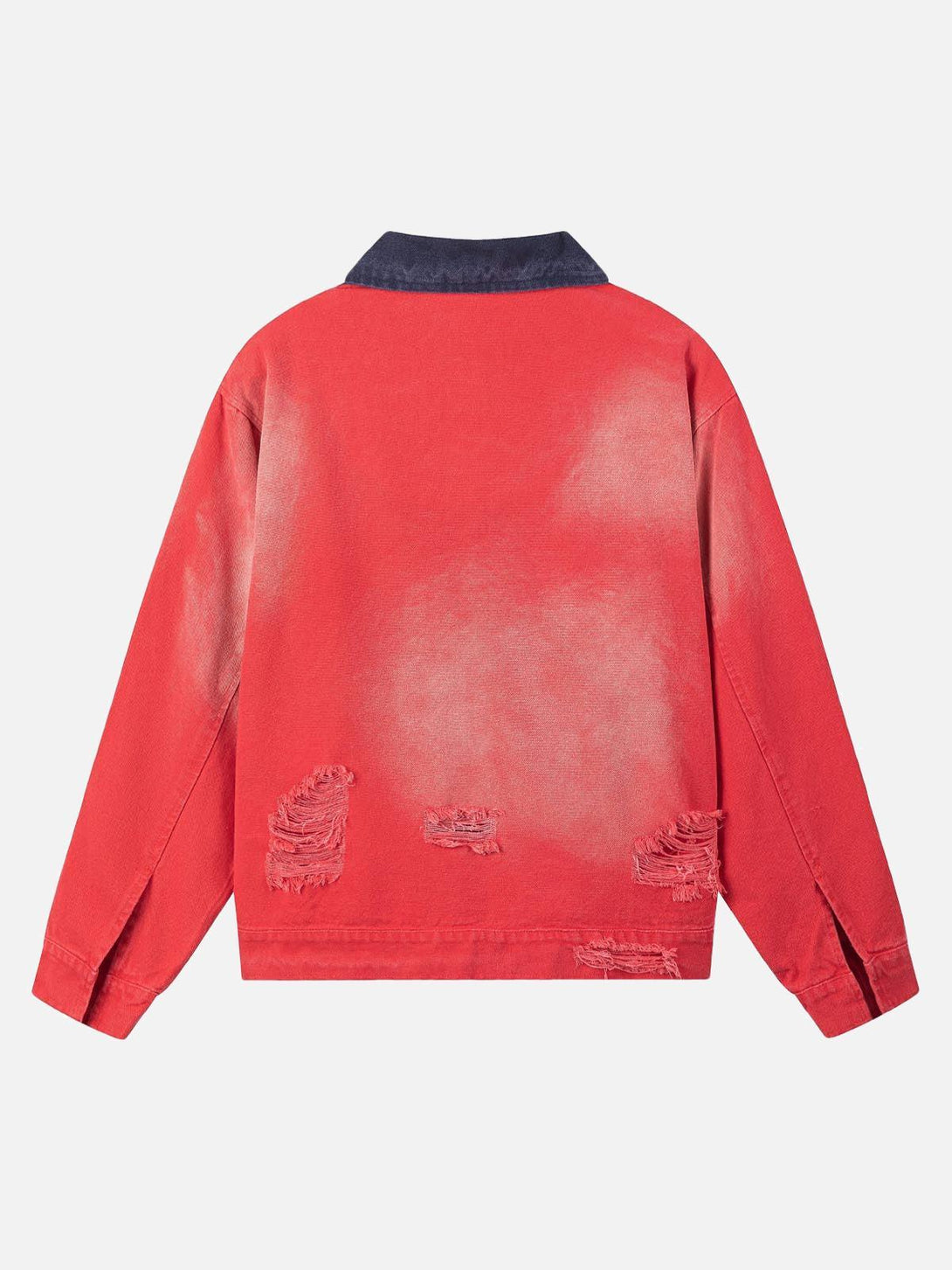Back view of TALISHKO's red retro work jacket featuring distressed details and contrast collar.