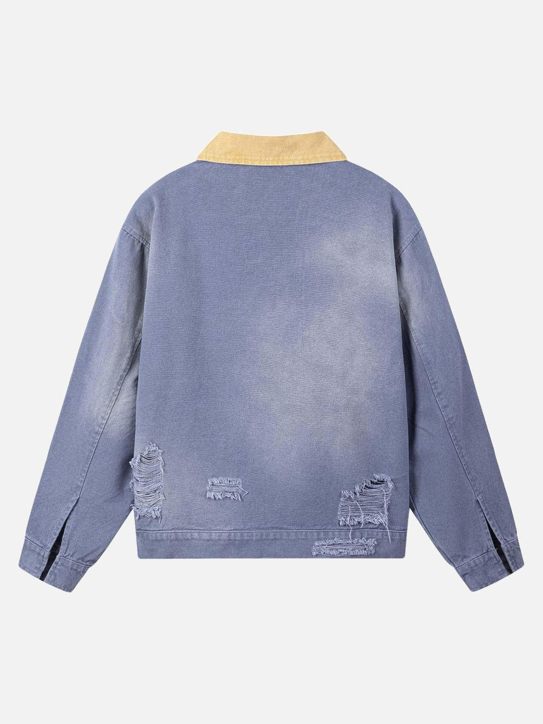 Back view of TALISHKO's blue retro work jacket with tan collar and distressed accents.