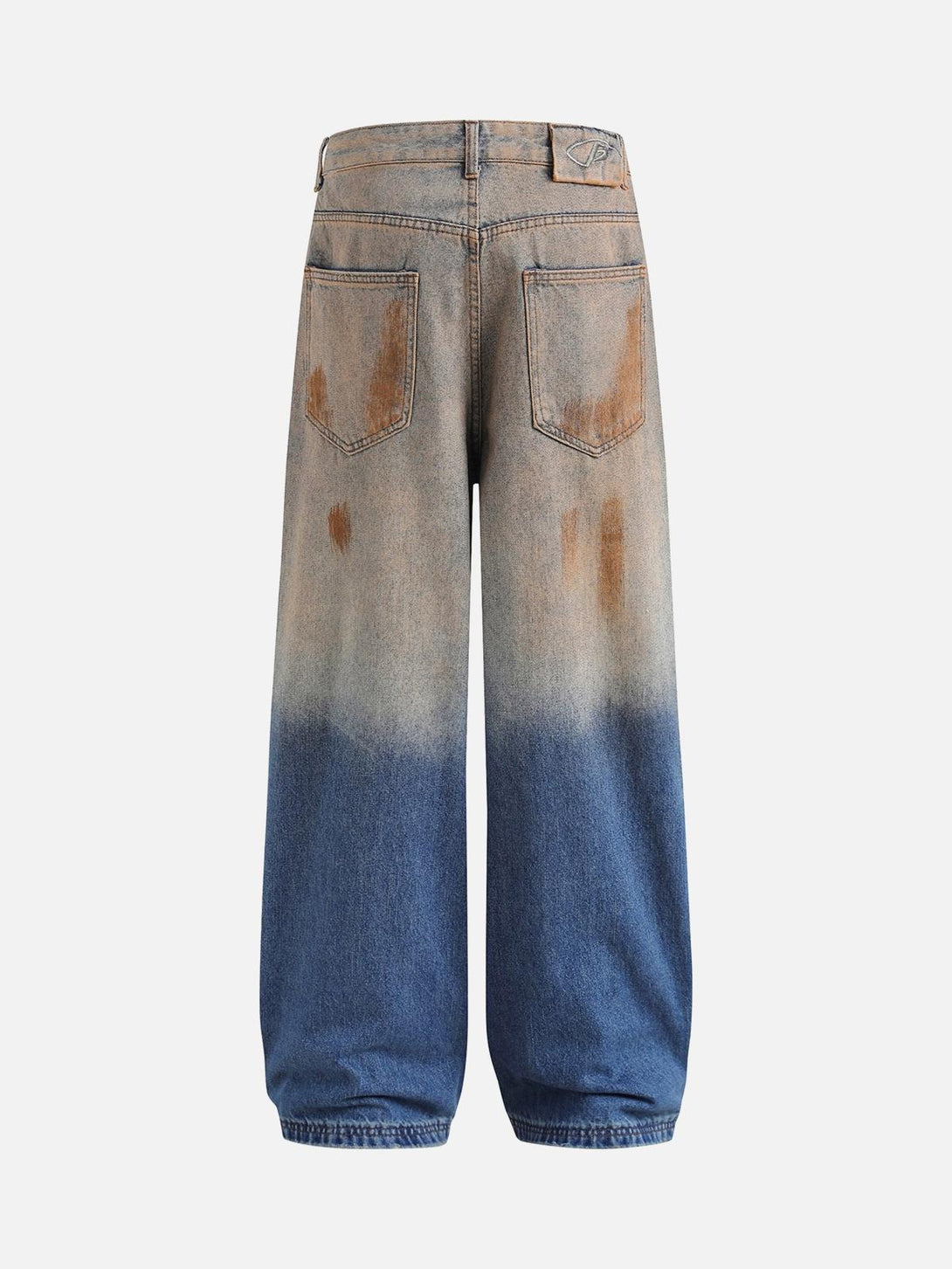 Back view of TALISHKO's retro hip-hop jeans with a washed patina and unique color fade.