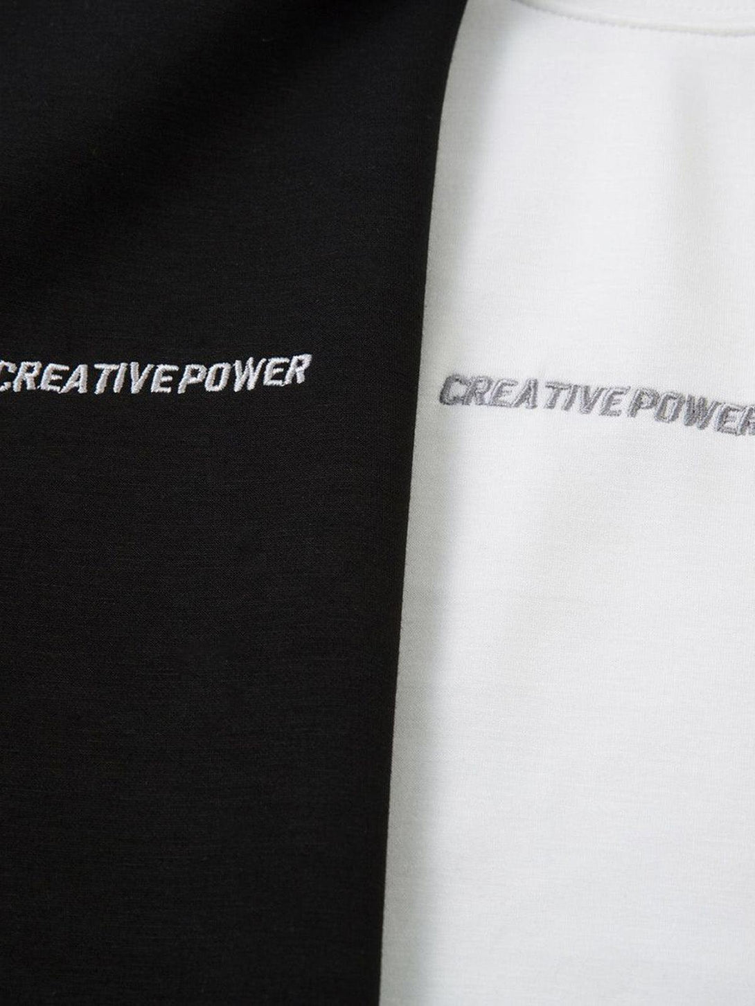Focusing on TALISHKO T-shirt embroidery, highlighting "Creative Power" on black and white fabric.