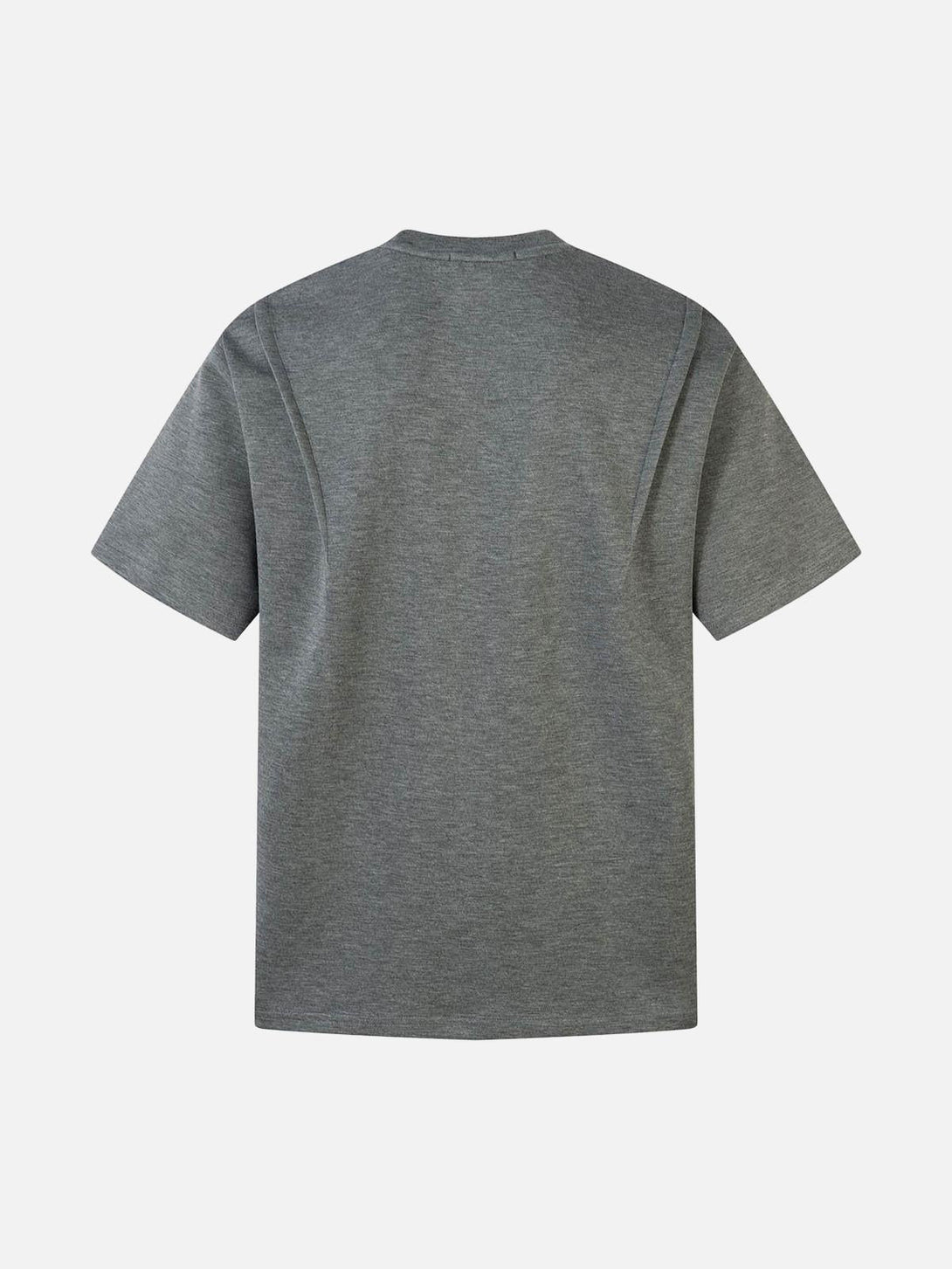 Back view of a gray functional T-shirt by TALISHKO, showcasing pleated details for a chic look.
