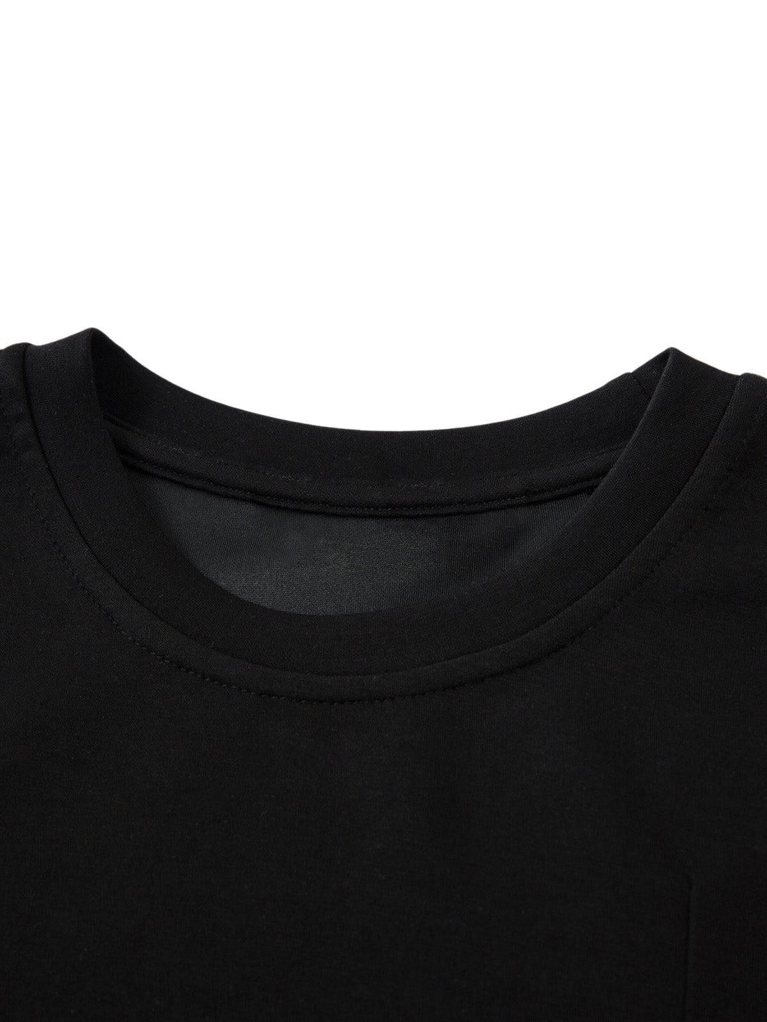 A close-up of a black T-shirt neckline, showcasing TALISHKO's sleek and modern design.